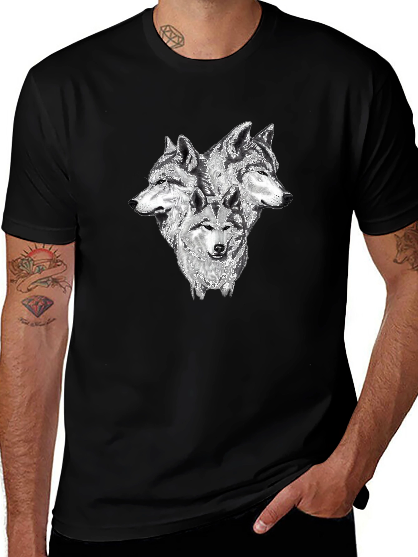 Variant 18 of Three Wolf Head Graphic T-Shirt - Black