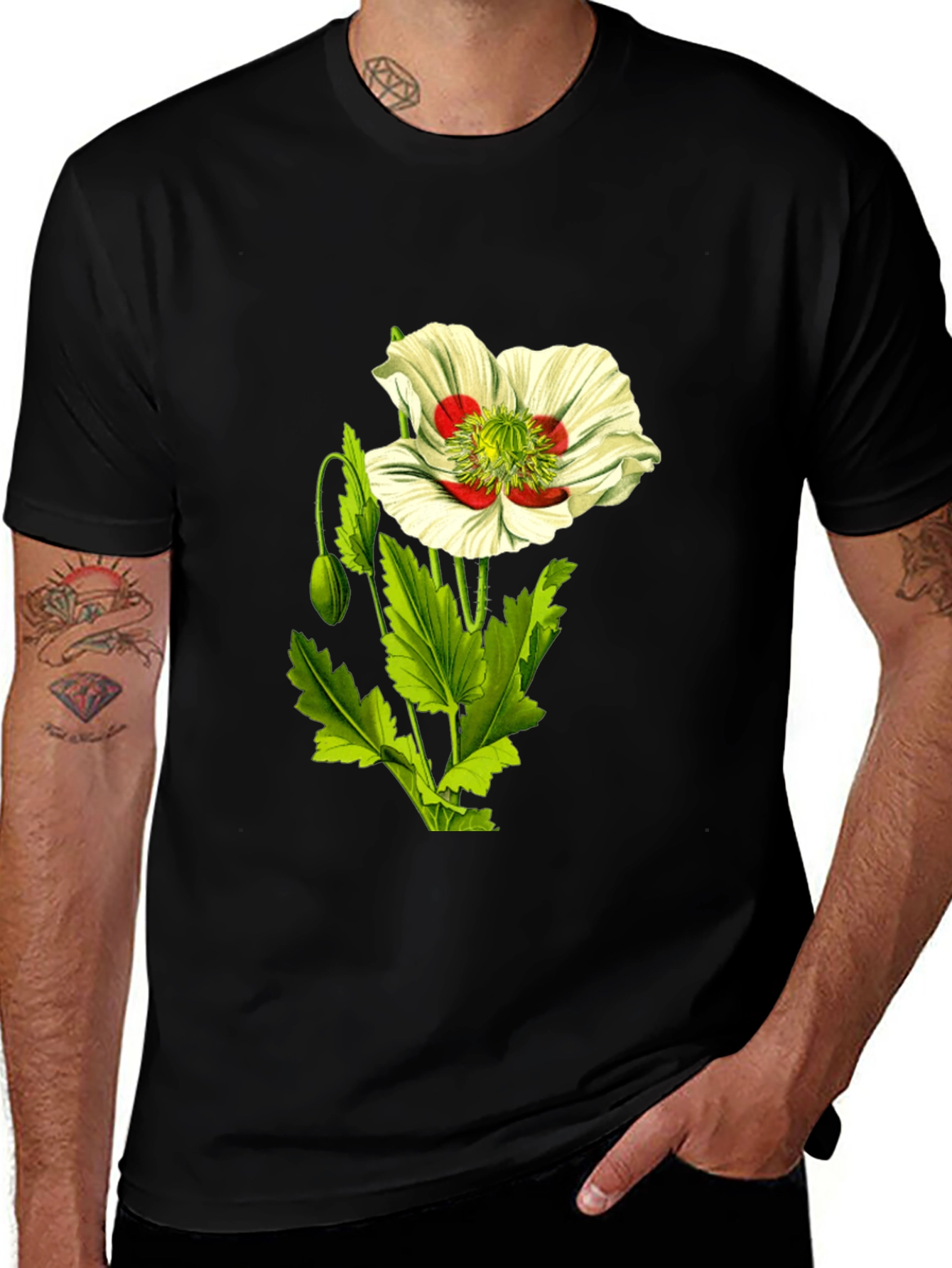 Variant 11 of Floral Print T-Shirt - Black Cotton Blend