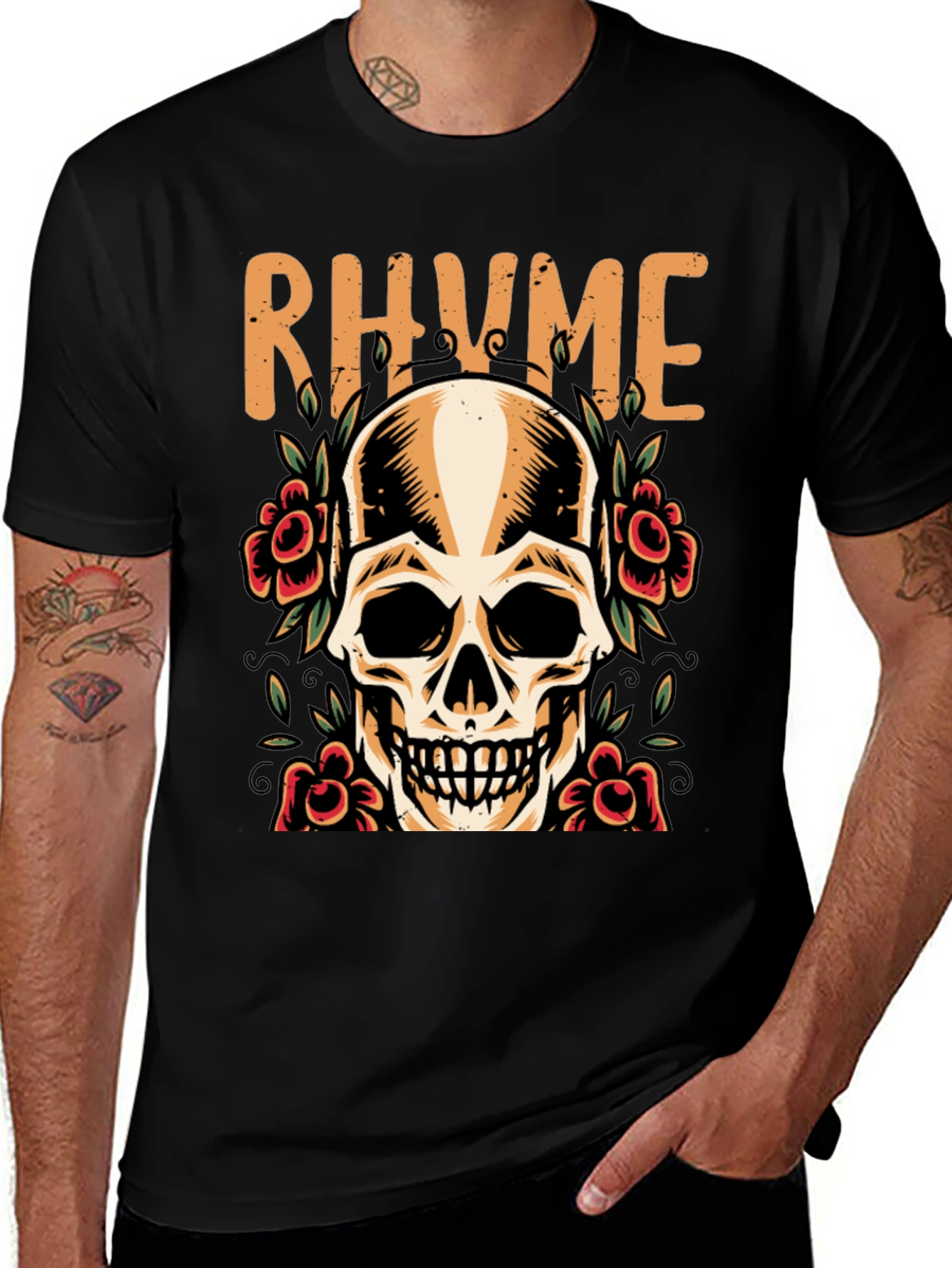 Variant 5 of Rhyme Skull & Roses Graphic Tee - Men's Black T-Shirt