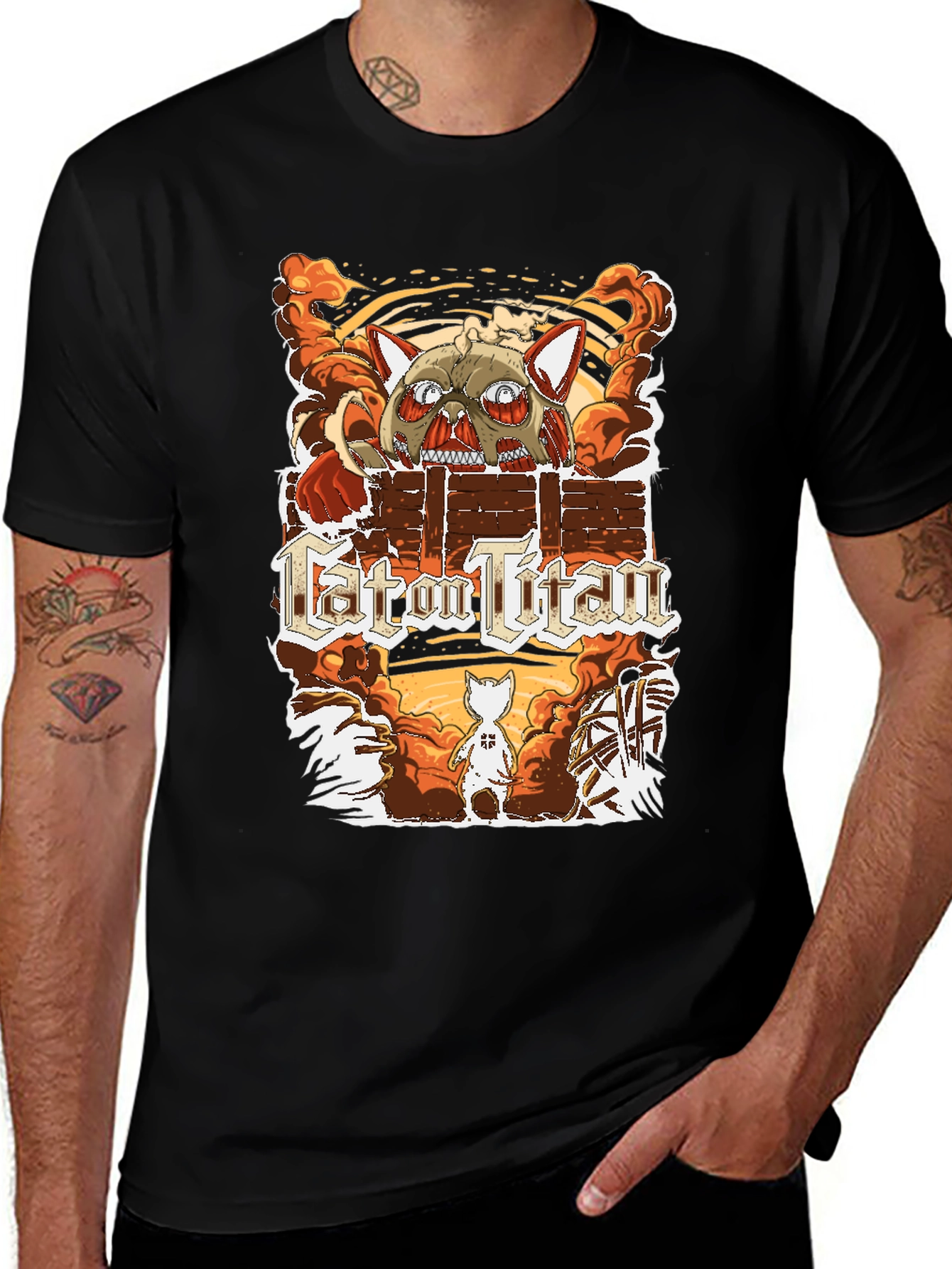 Cat on Titan T-Shirt Funny Anime Parody Tee