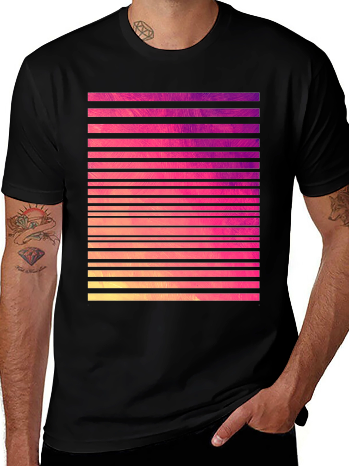 Variant 12 of Retro Stripe Graphic Tee - Black Cotton Blend