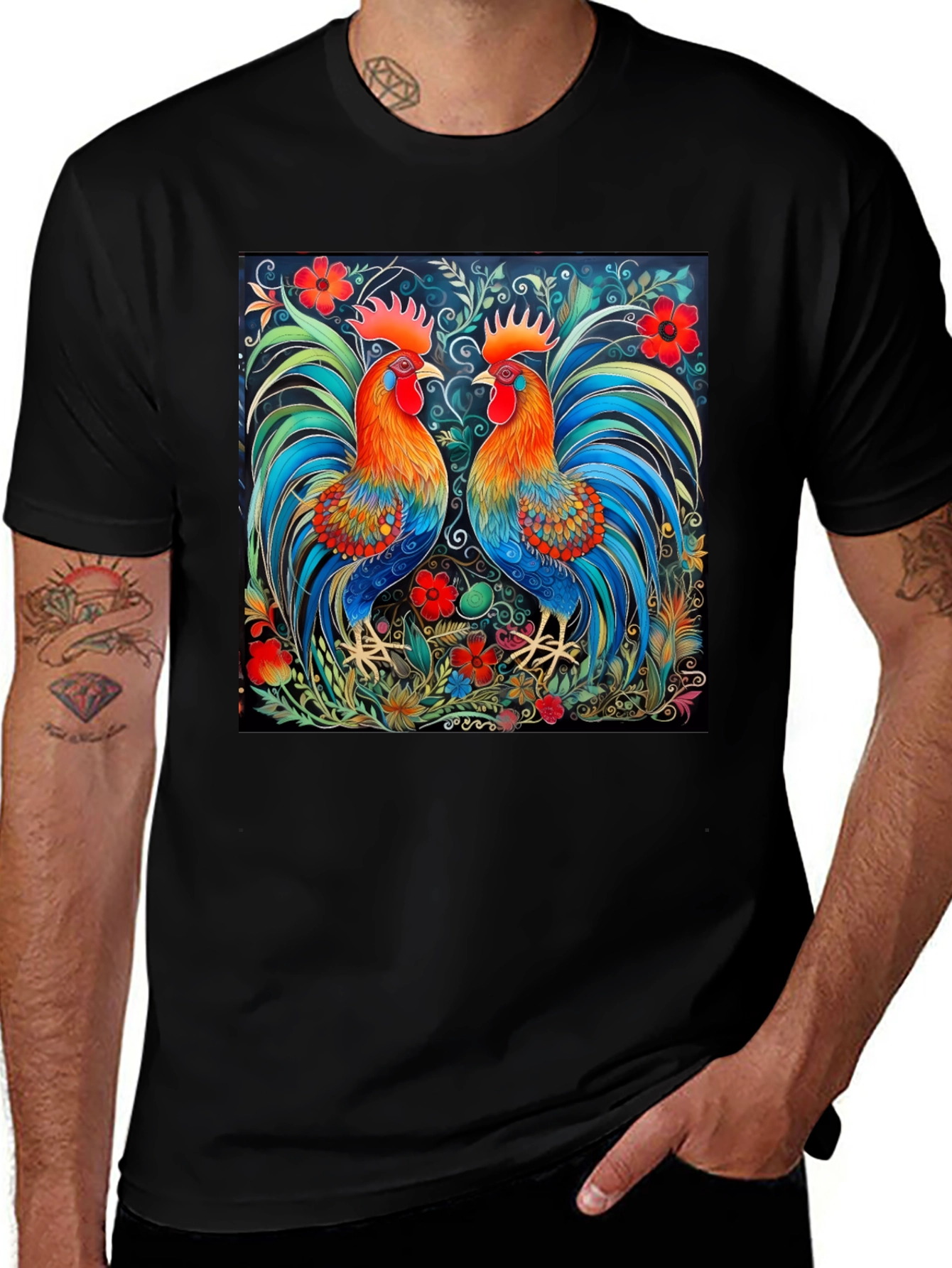 Variant 20 of Rooster Art Print Black T-Shirt - Stylish Graphic Tee