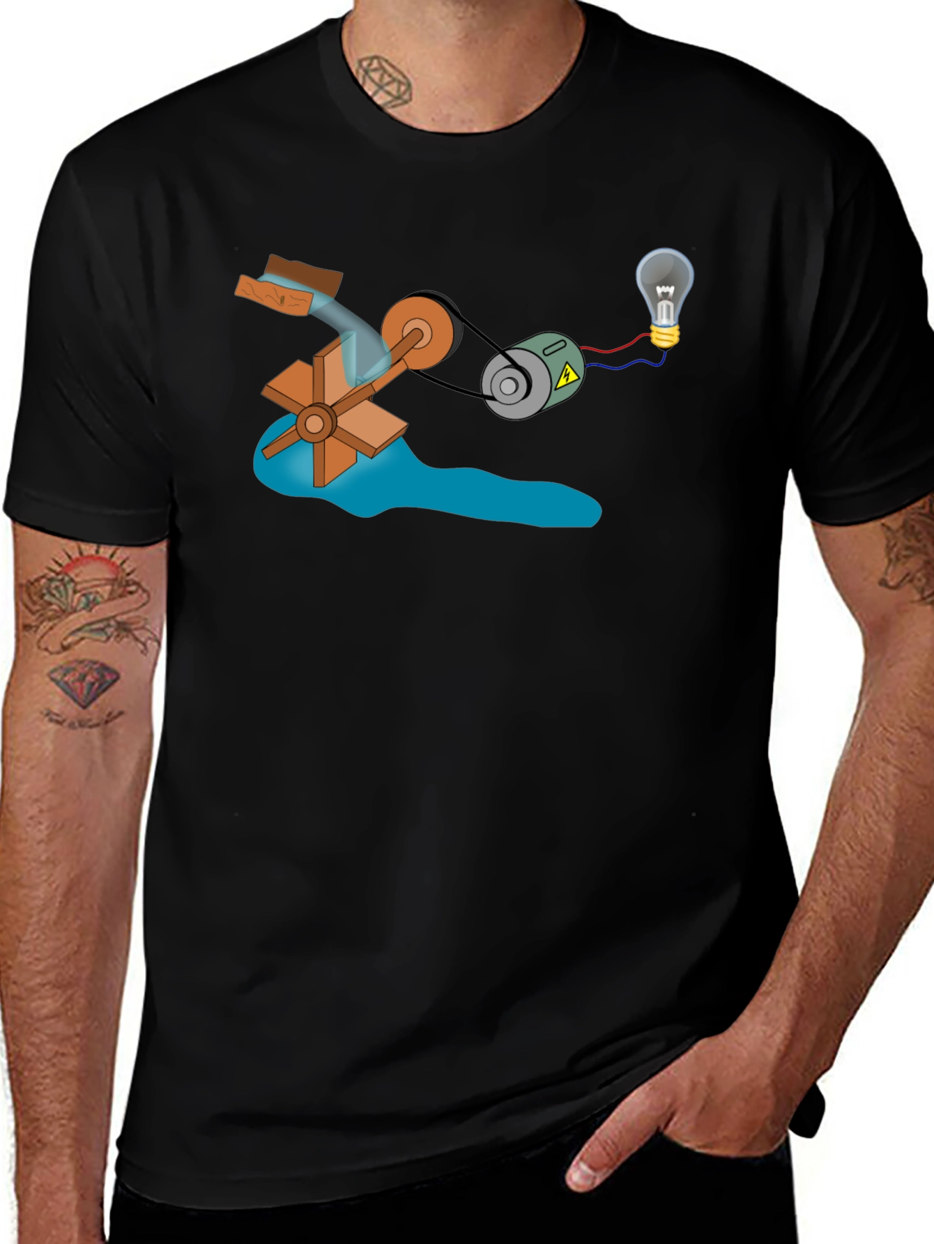 Variant 9 of Waterwheel Powered Lightbulb Black T-Shirt