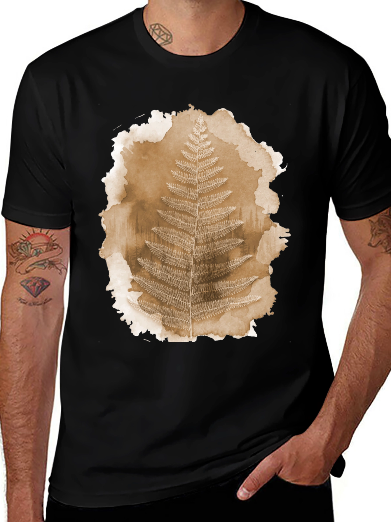 Variant 30 of Fern Print Black T-Shirt - Nature Inspired Graphic Tee