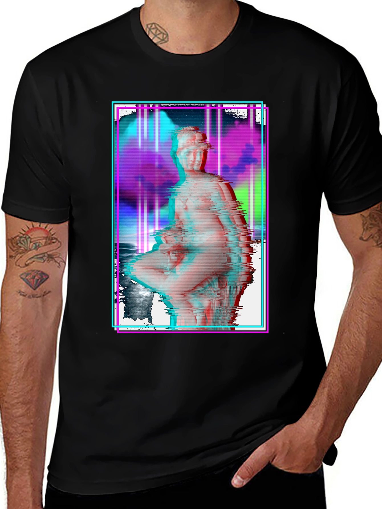 Variant 2 of Glitch Art Statue Graphic Black T-Shirt
