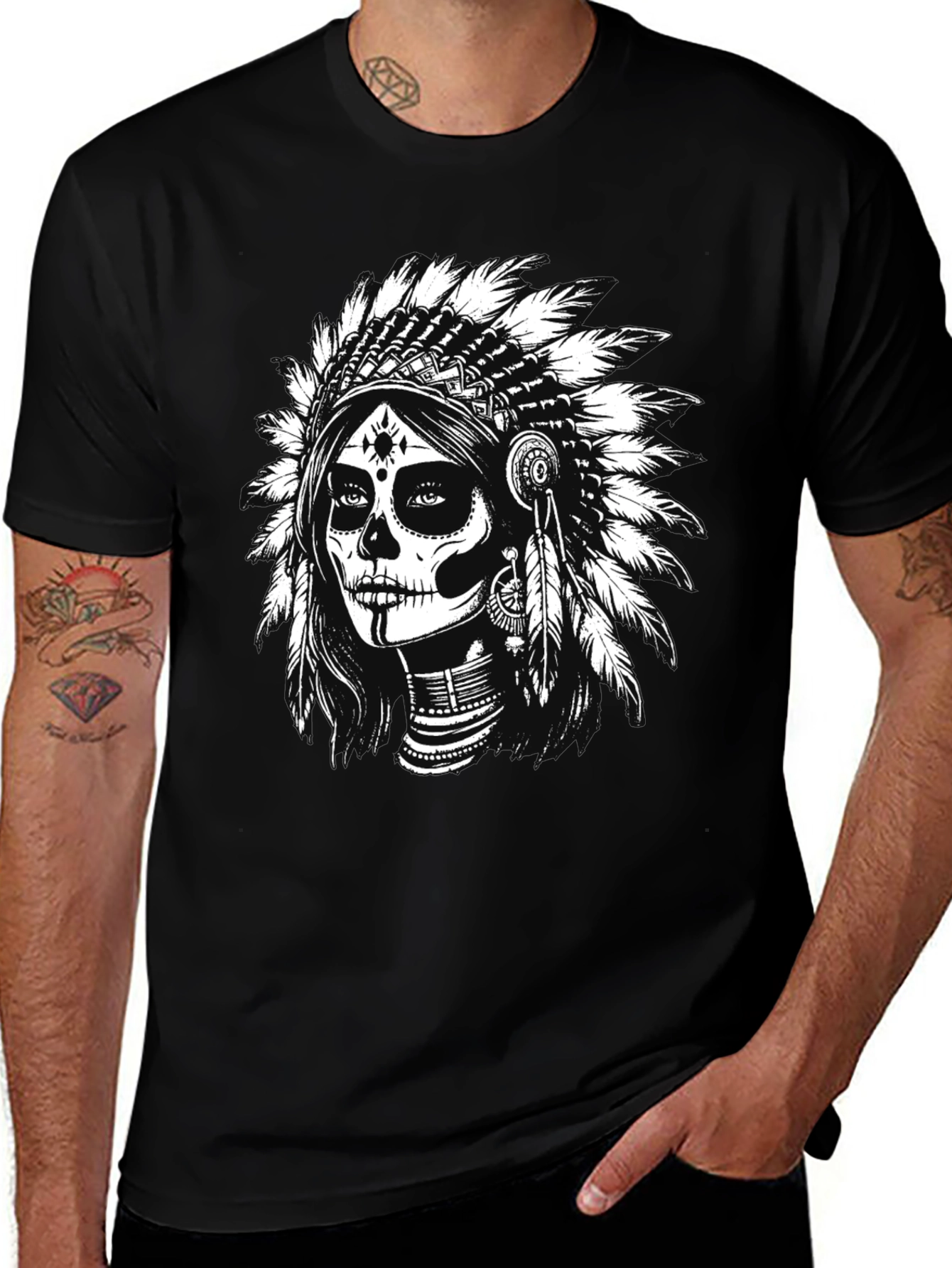 Variant 5 of Skull Indian Headdress Graphic Tee - Black