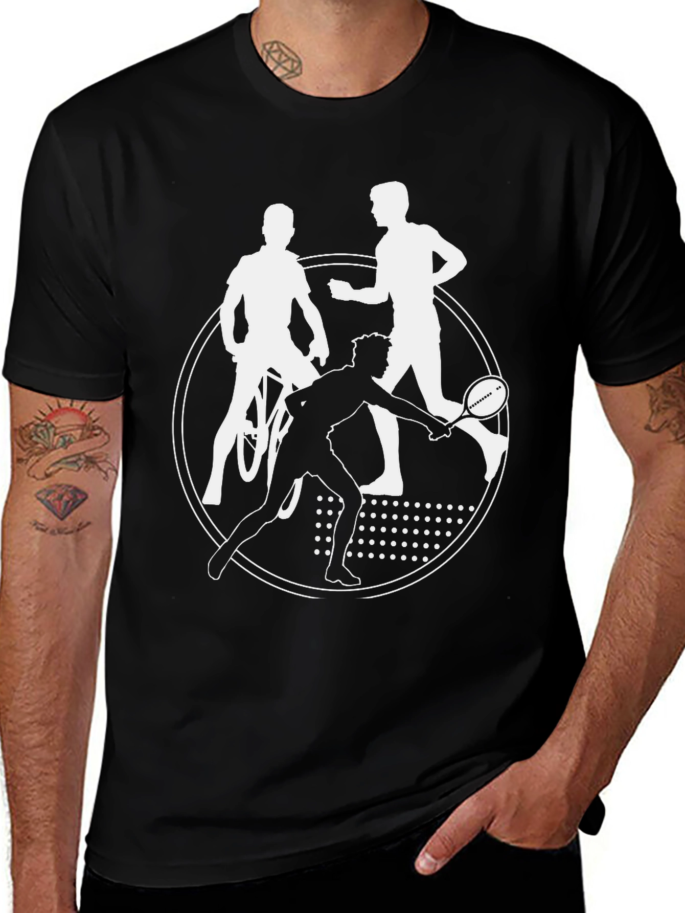 Variant 12 of Triathlon Tee: Bike, Run, Tennis Design