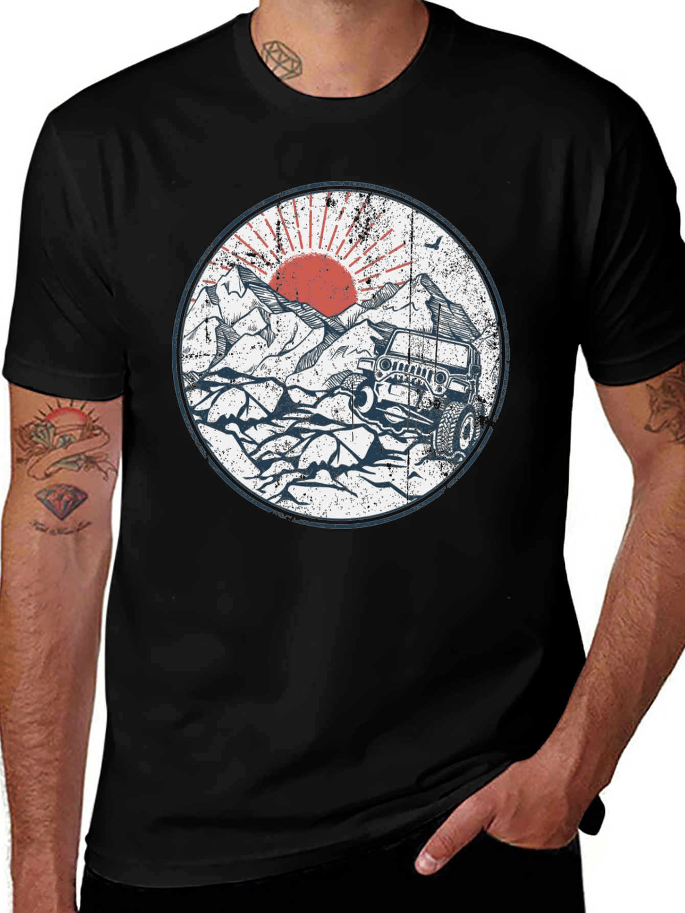 Black Off-Road Adventure Tee - Mountain Sunset Jeep Design main image