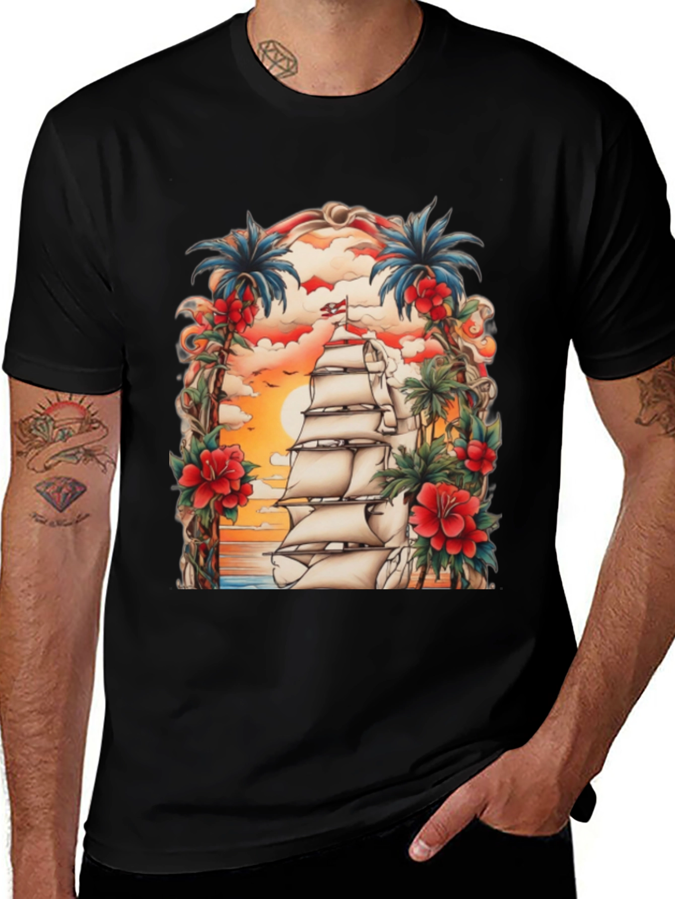 Variant 30 of Tropical Sailing Ship Graphic Tee - Black Cotton T-Shirt