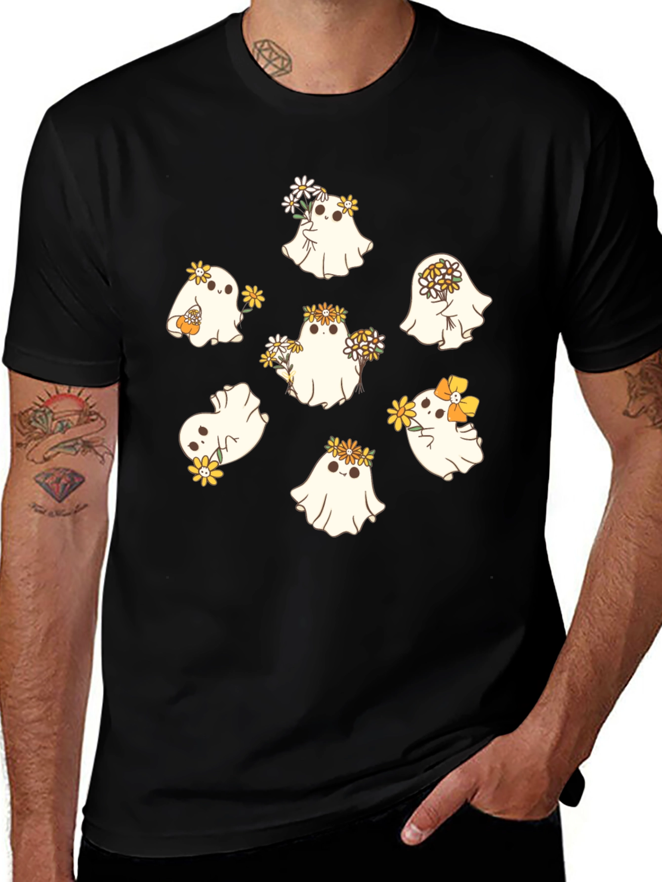 Variant 16 of Cute Ghost with Flowers Black T-Shirt
