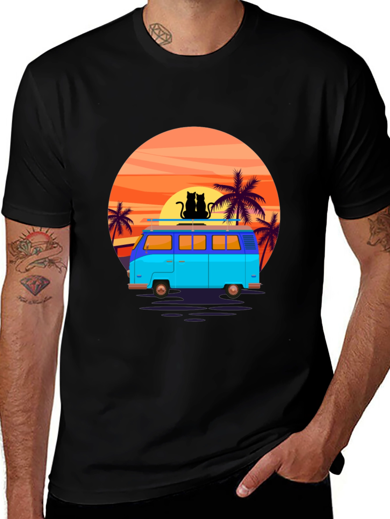 Variant 8 of Retro Van Sunset T-Shirt - Black - Palm Trees & Cats