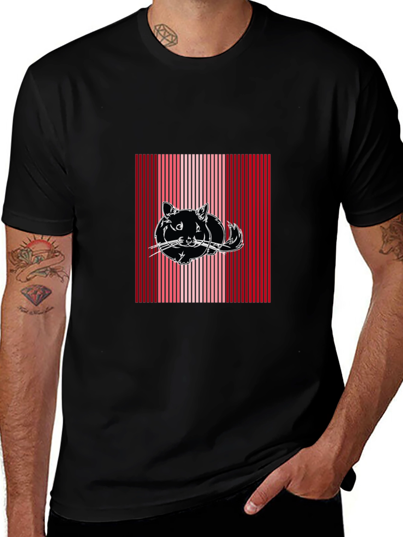 Variant 18 of Striped Cat Graphic Tee - Black Cotton Blend
