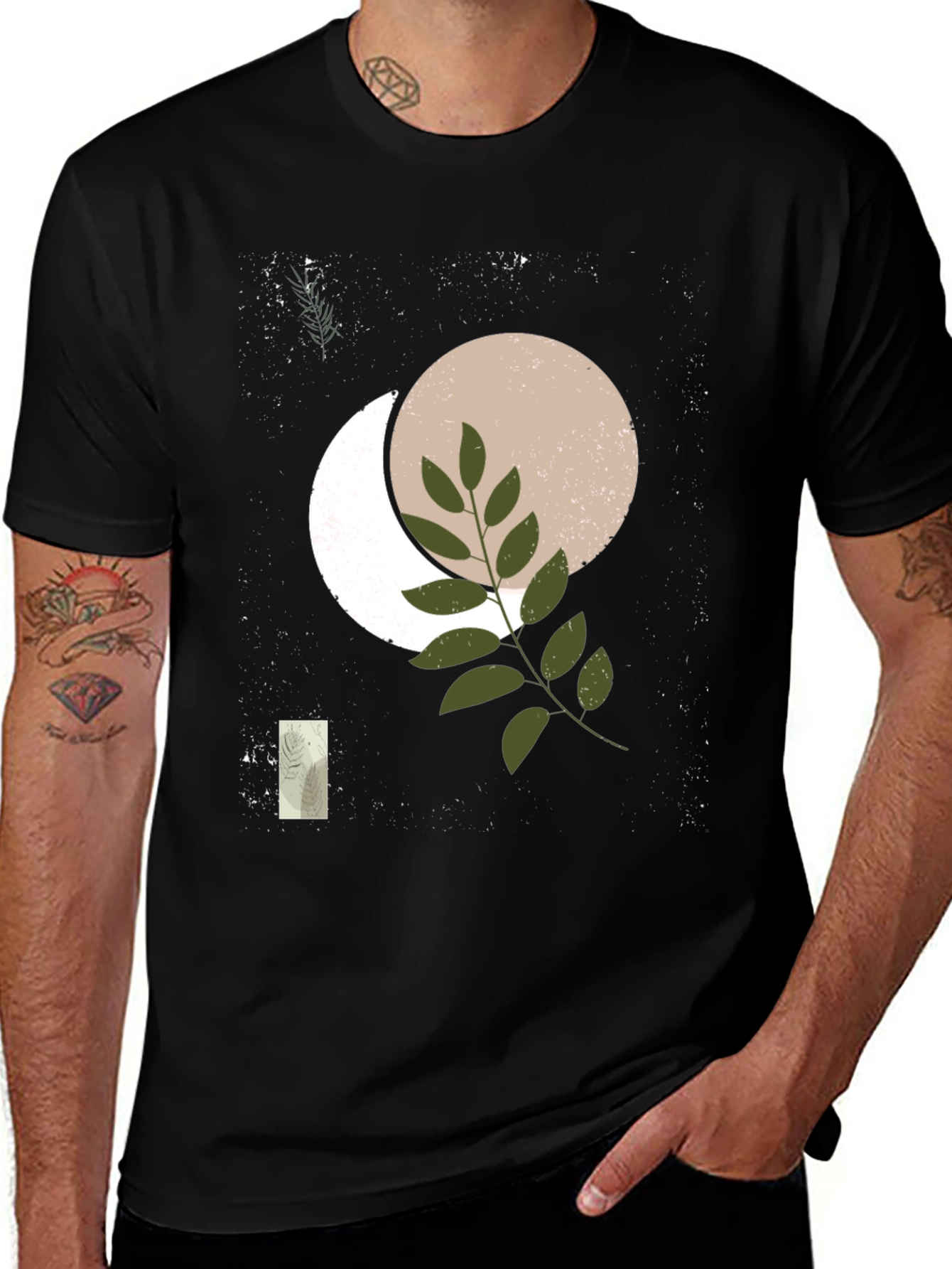 Variant 11 of Abstract Moon & Botanical Print Black T-Shirt