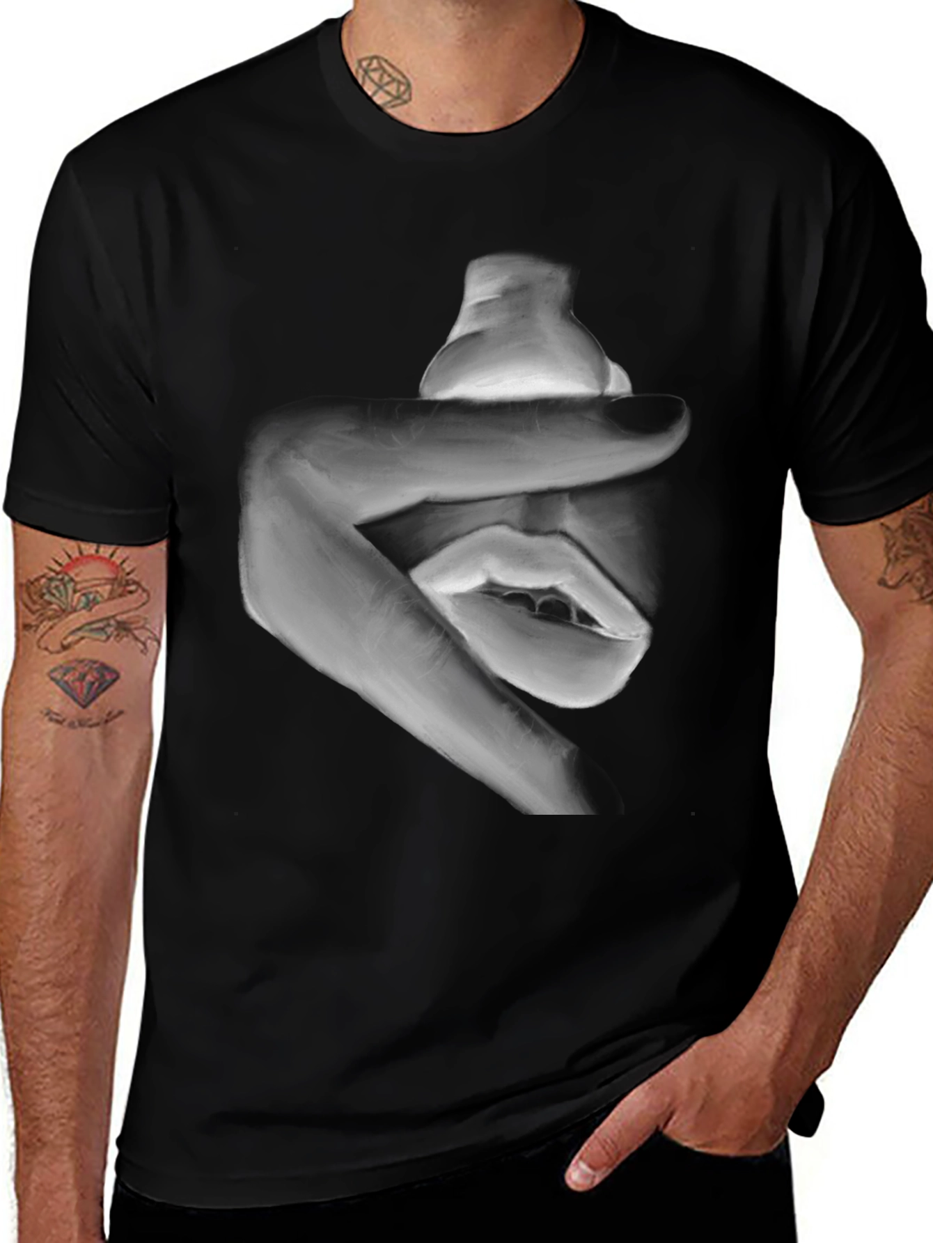 Variant 30 of Abstract Hand and Mouth Graphic Print Black T-Shirt