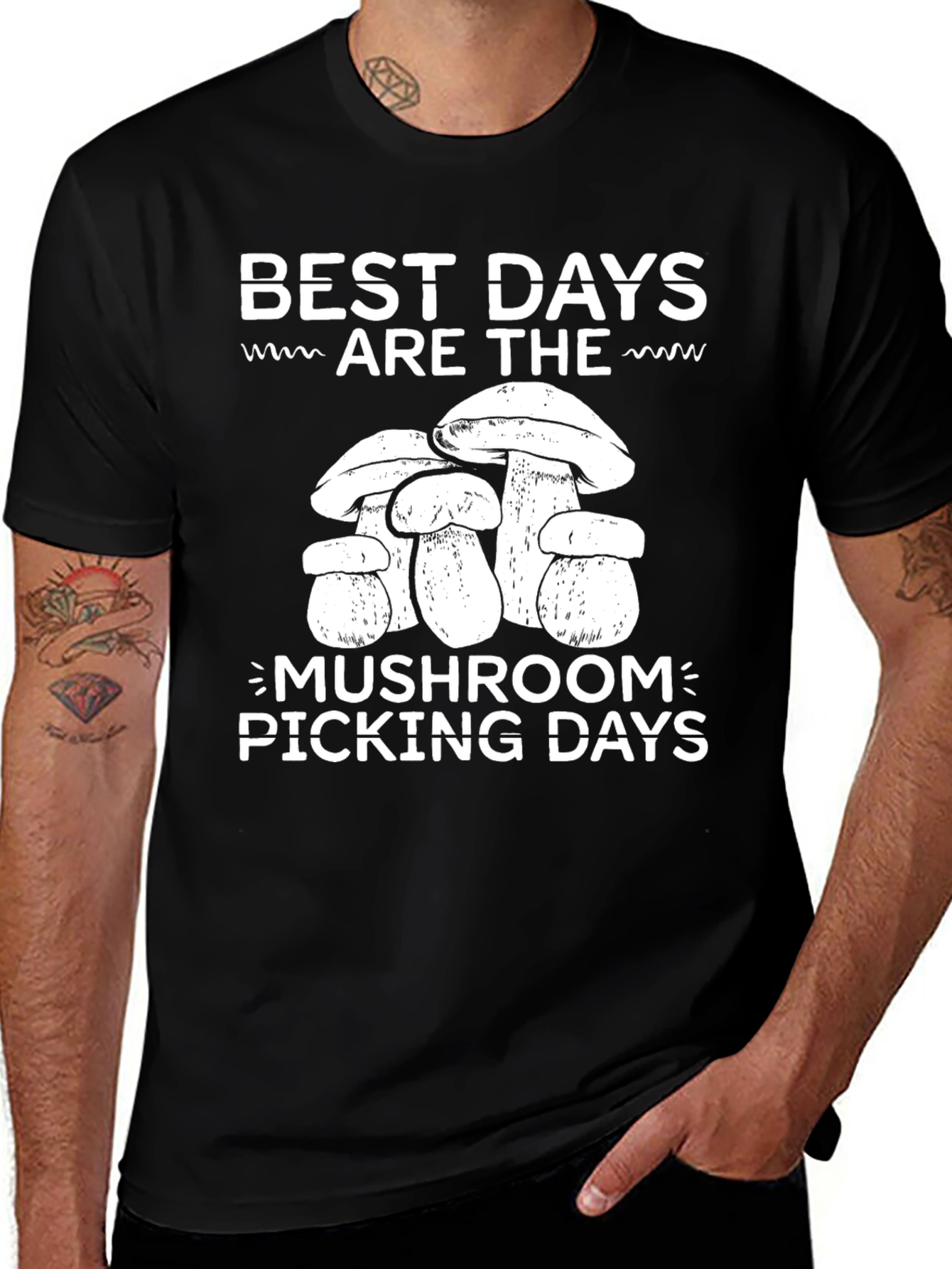 Variant 18 of Mushroom Picking Days T-Shirt - Black Cotton Tee