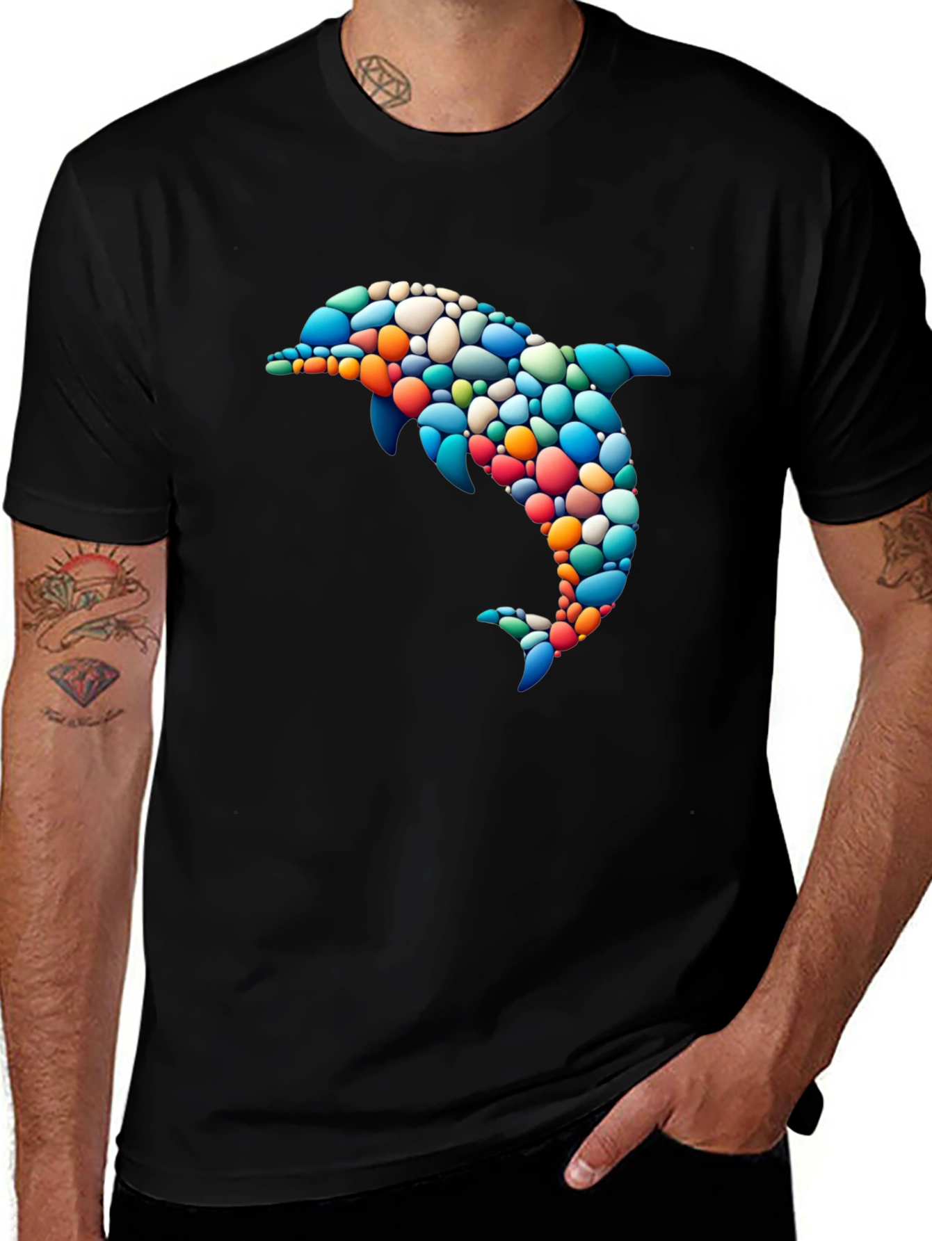 Variant 5 of Men's Black T-Shirt with Colorful Mosaic Dolphin