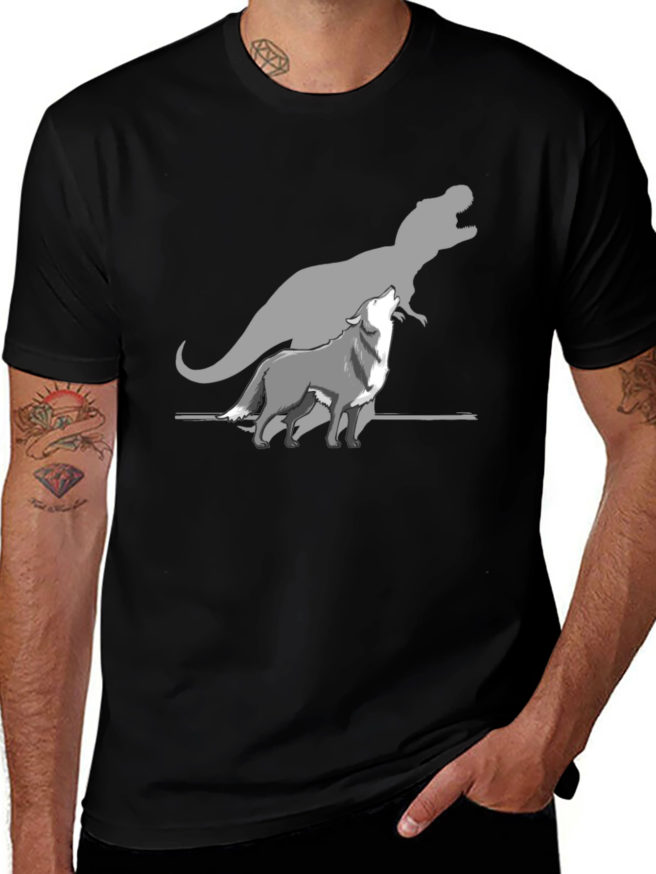 Variant 13 of Wolf Howling at T-Rex Shadow Black T-Shirt