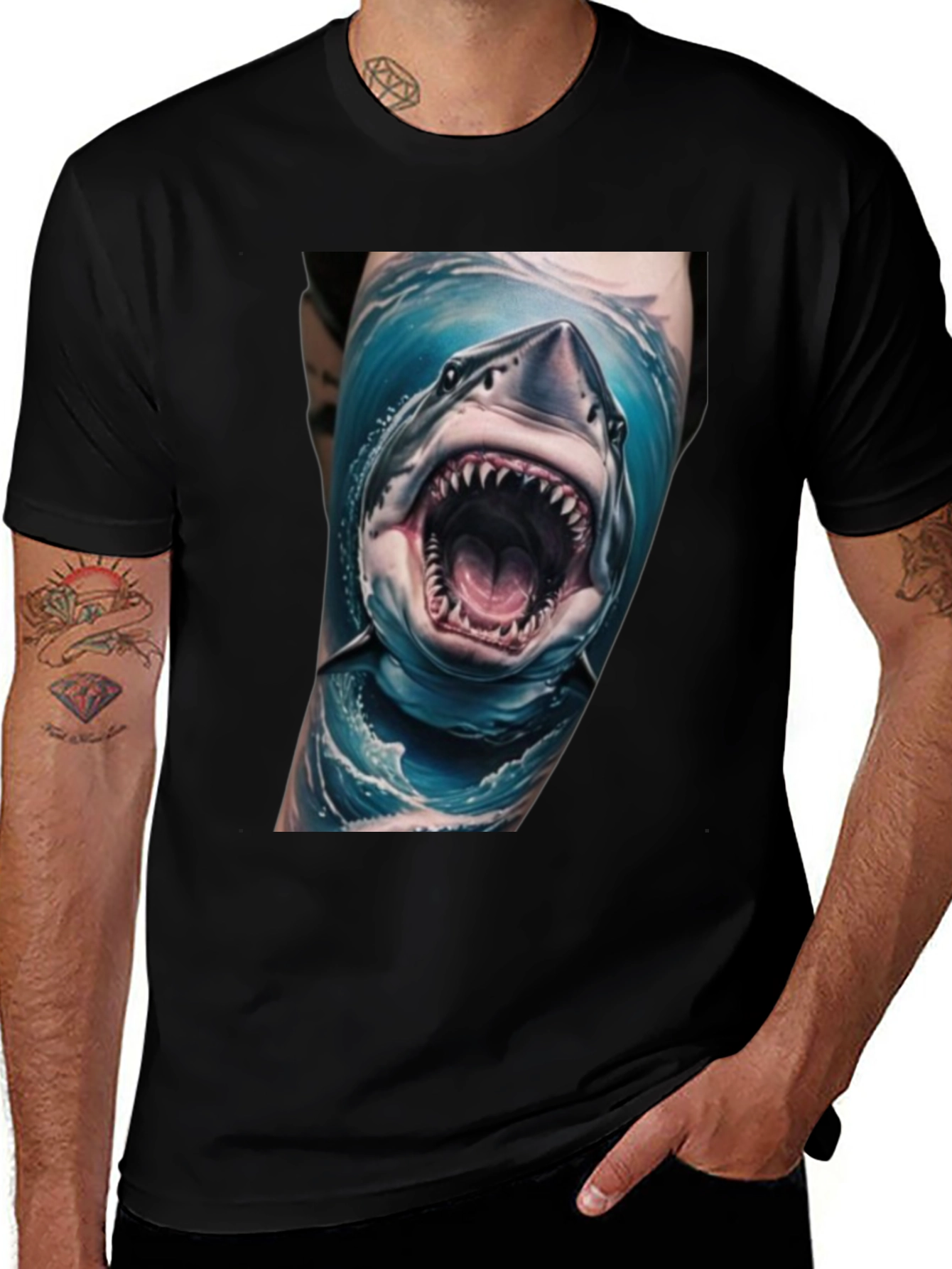 Variant 23 of Men's Black Shark Tattoo Graphic Tee