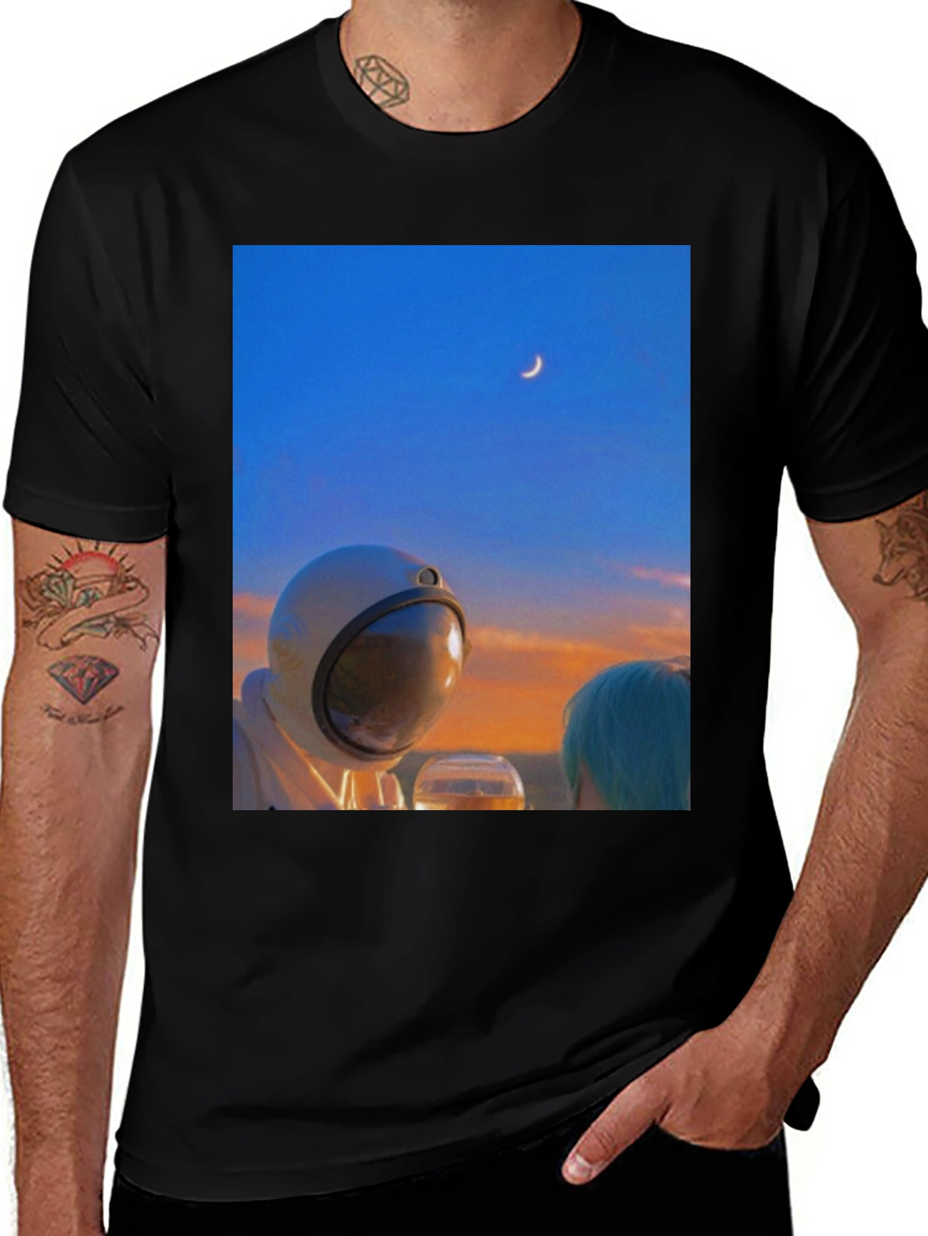 Variant 24 of Astronaut Moon T-Shirt - Black Cotton Graphic Tee