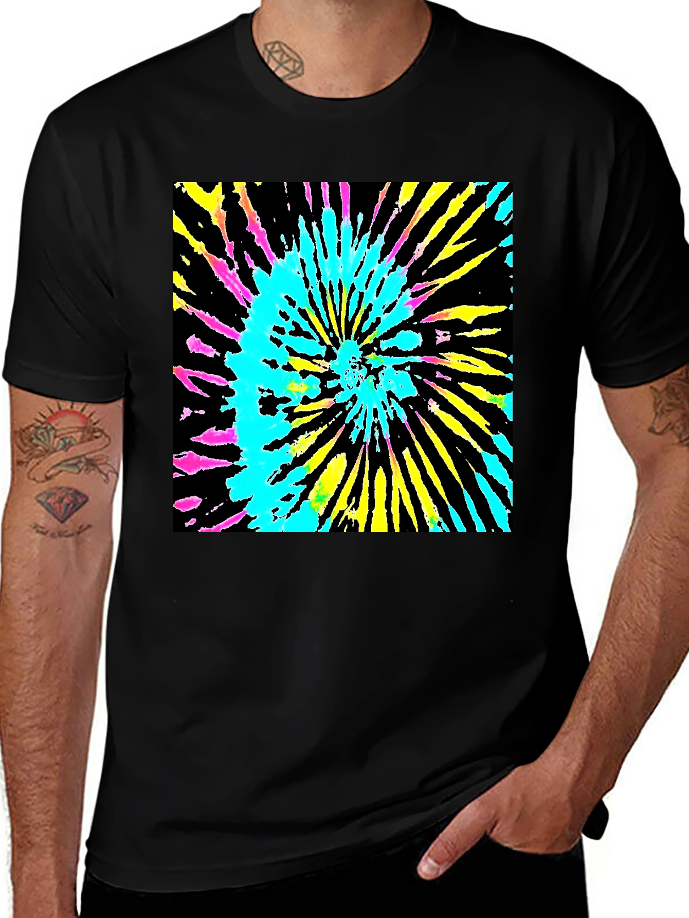 Vibrant Tie-Dye Graphic Tee - Black Cotton