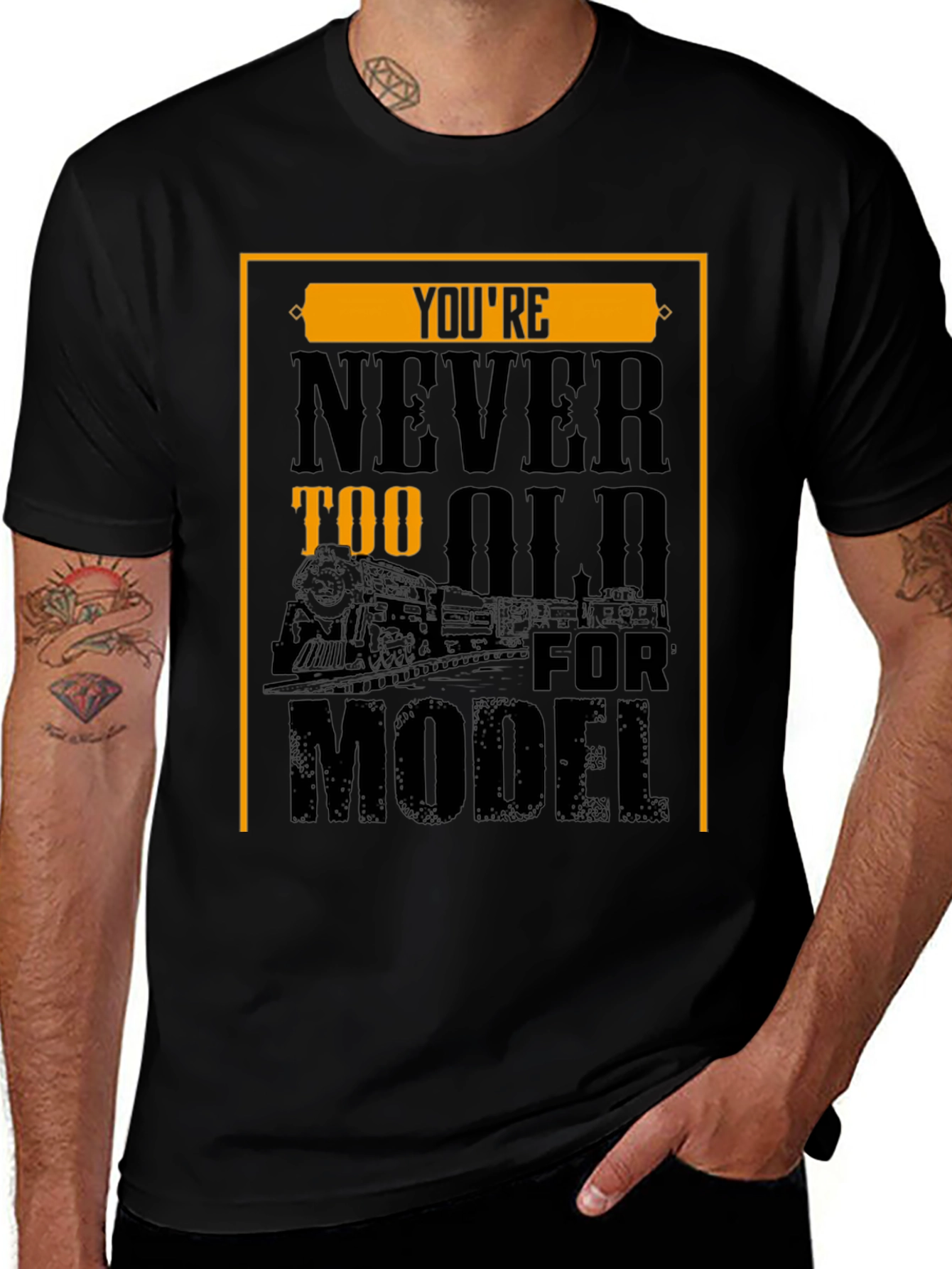 Variant 23 of Never Too Old For Model Trains Black T-Shirt