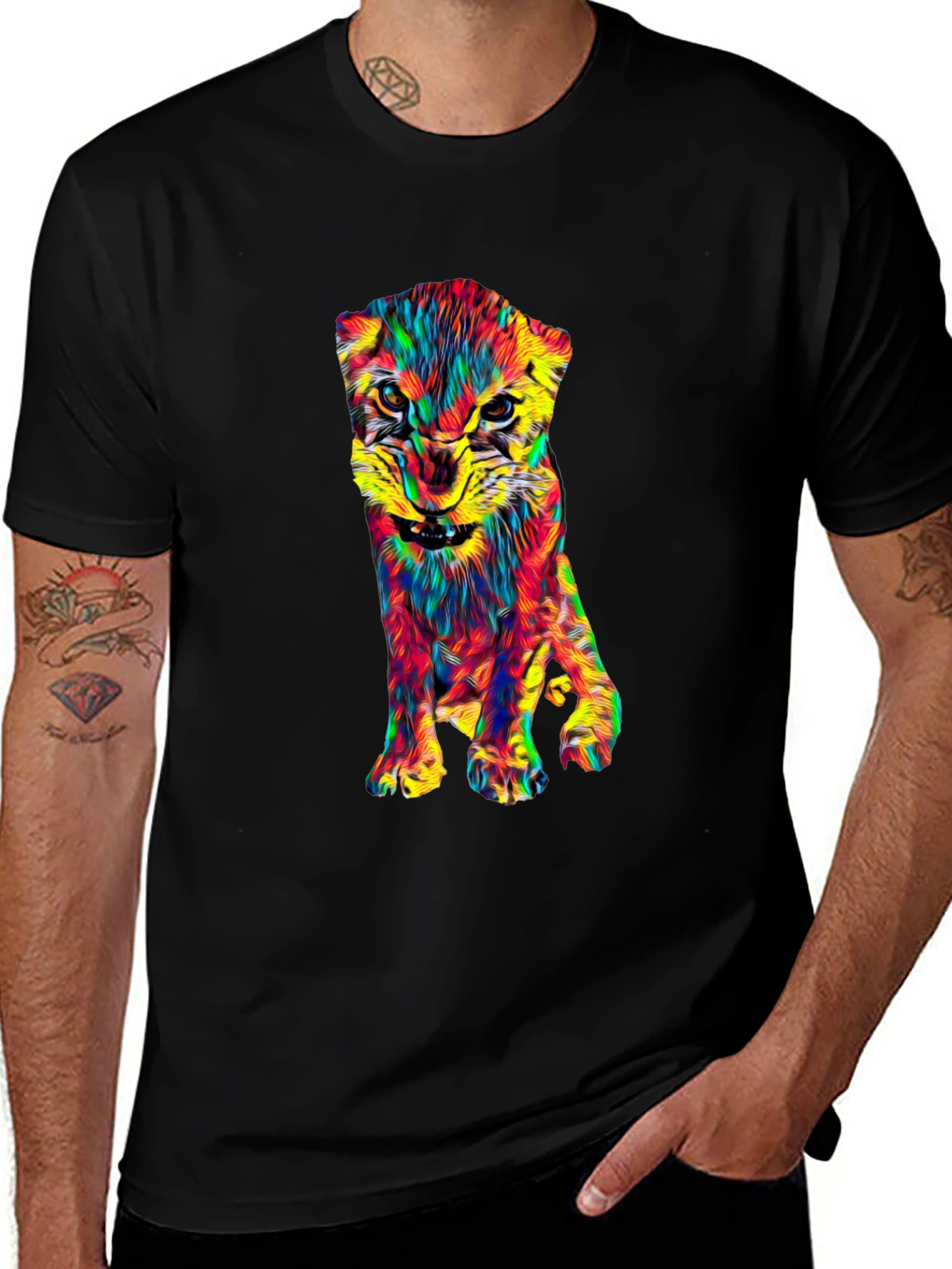 Variant 16 of Vibrant Lion Cub Graphic Tee - Men's Black T-Shirt
