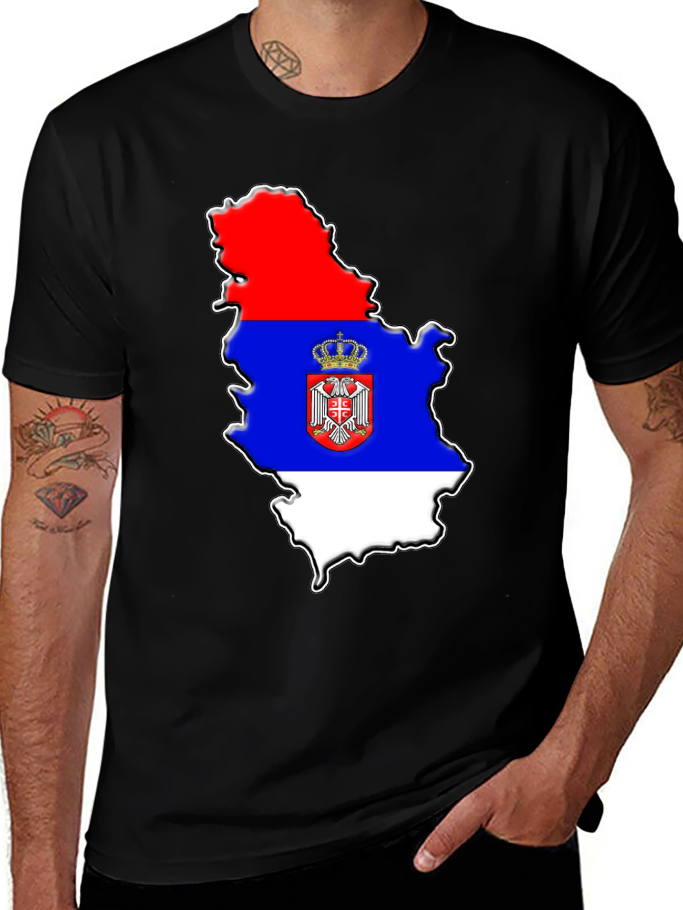 Serbia Flag Map Graphic Tee - Men's Black T-Shirt