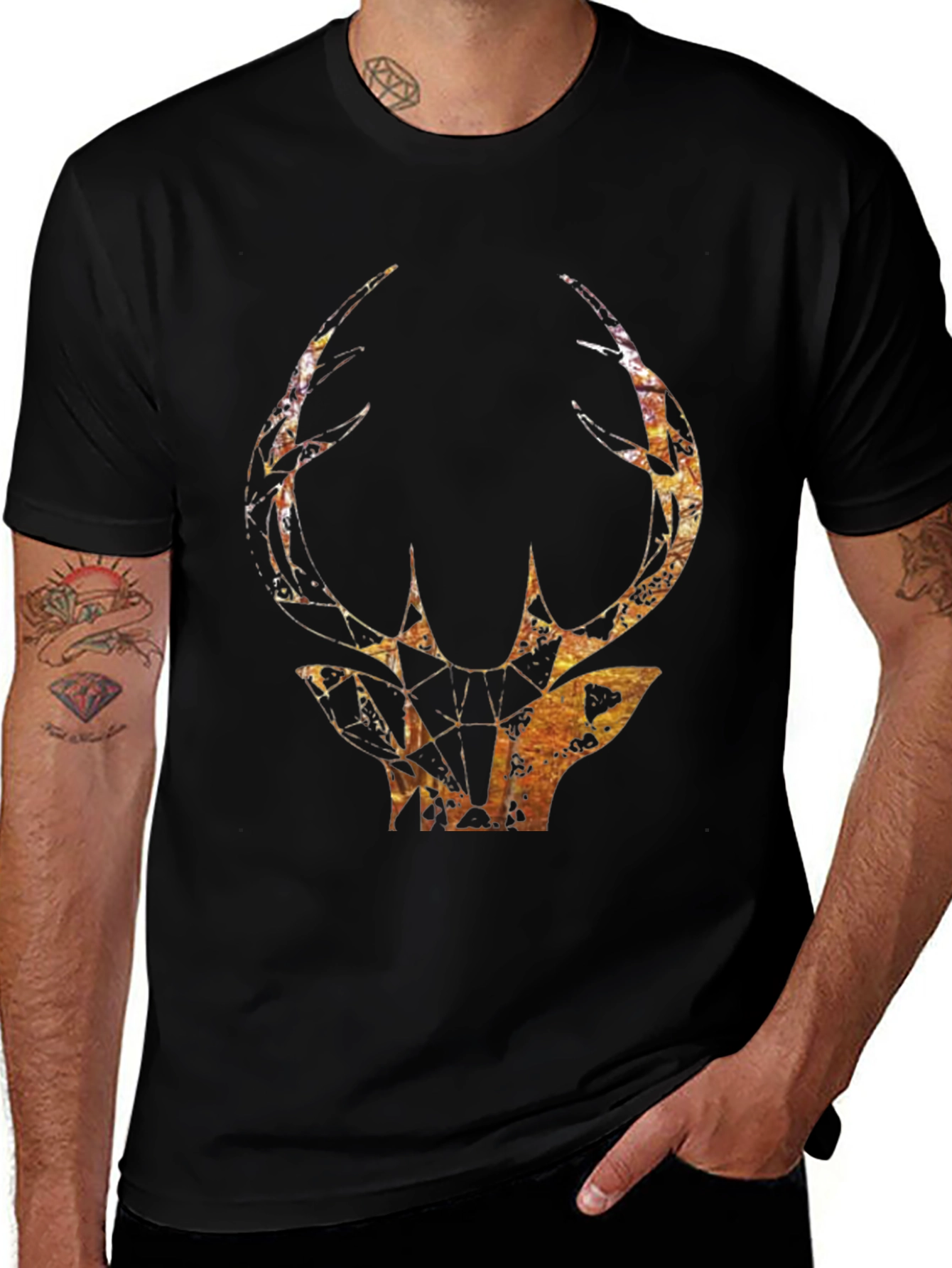 Variant 7 of Deer Head Geometric Print Black T-Shirt
