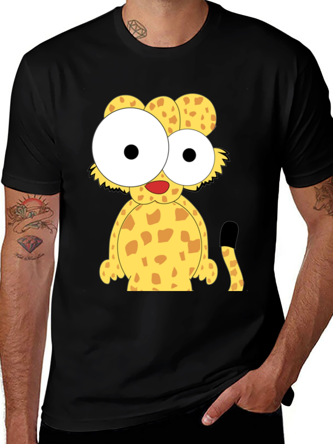 Variant 10 of Cartoon Cheetah Graphic Tee - Black Cotton T-Shirt