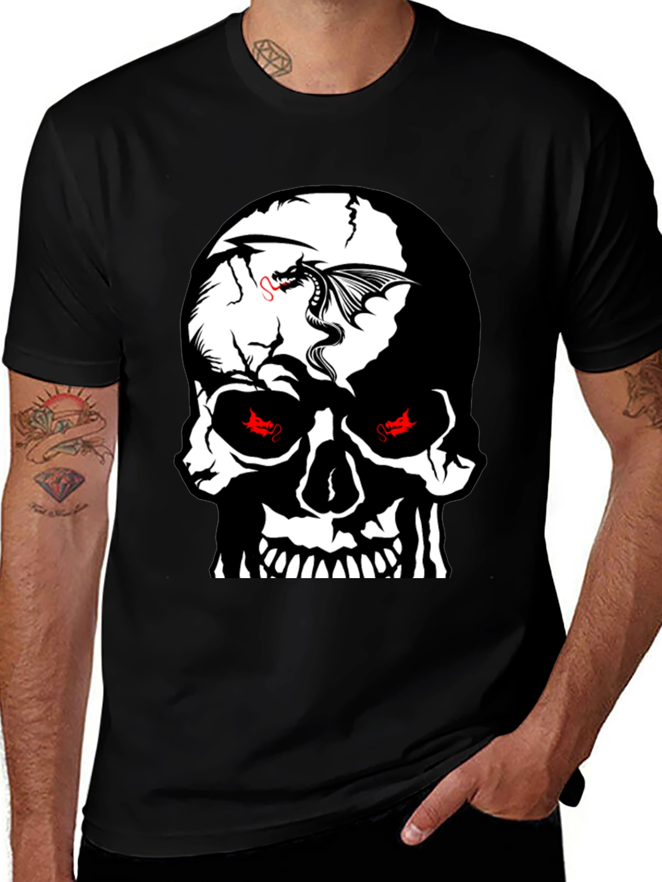 Variant 27 of Skull & Dragon Graphic Tee - Black Cotton T-Shirt