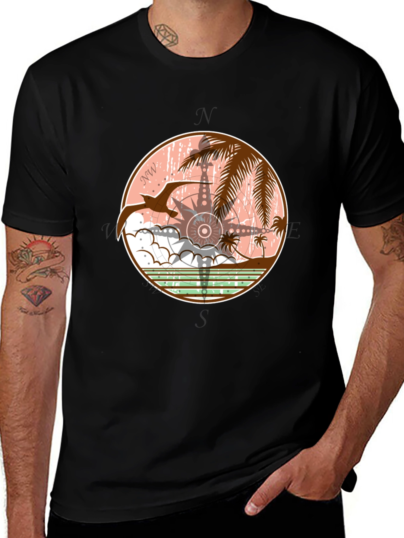 Variant 10 of Tropical Compass Graphic T-Shirt - Black