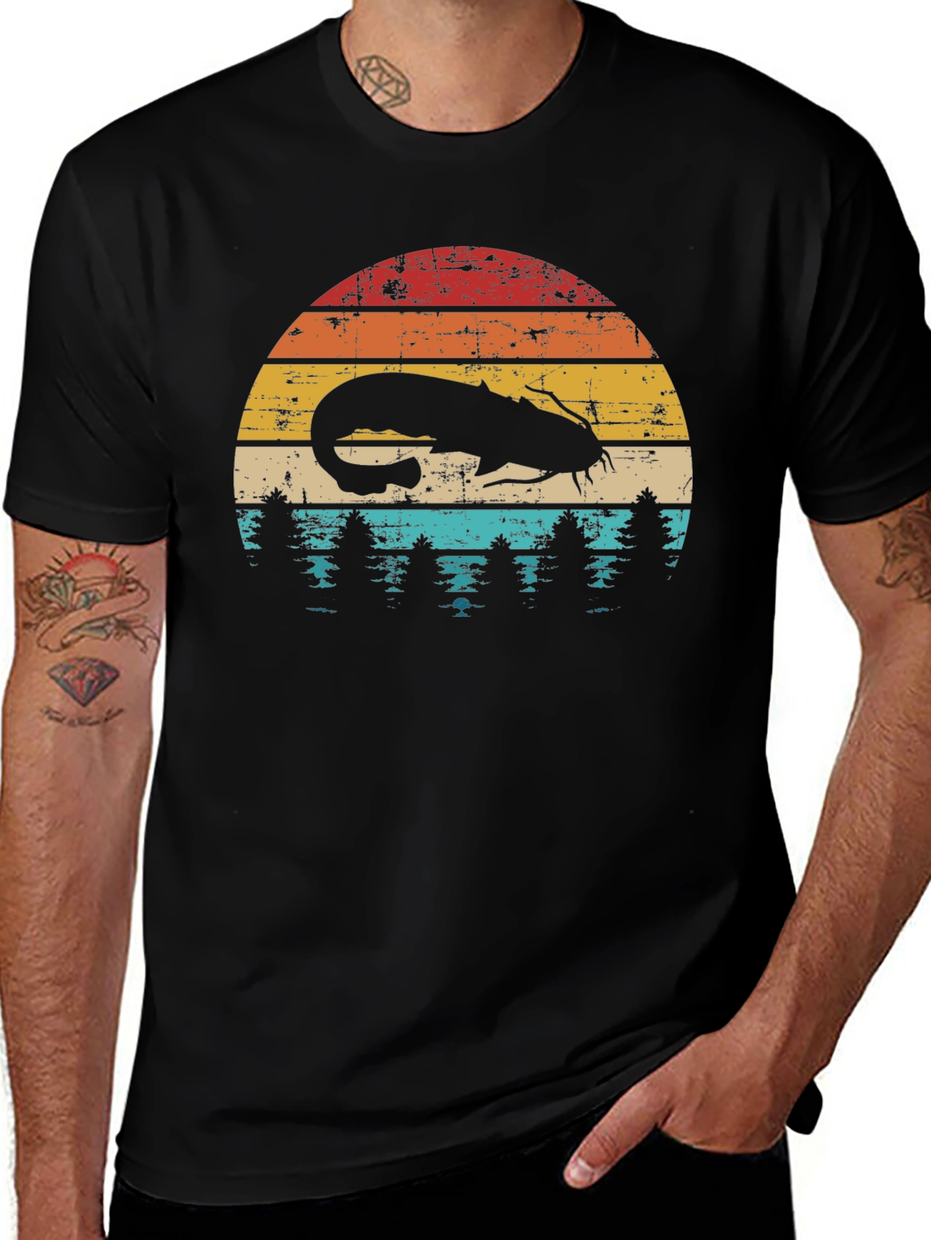 Variant 20 of Retro Catfish T-Shirt - Fishing Sunset Design