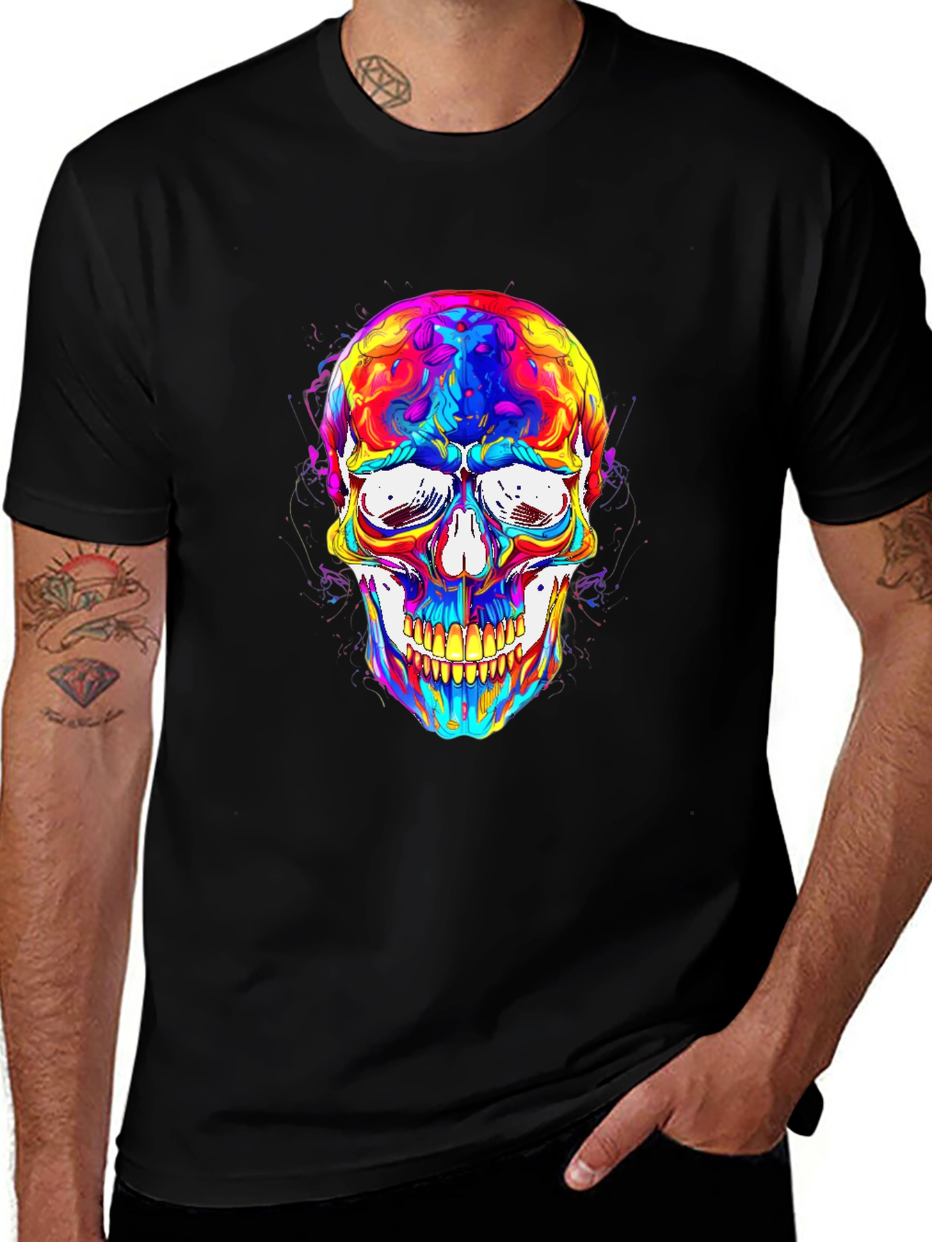 Variant 19 of Colorful Skull Graphic Tee - Men's Black T-Shirt