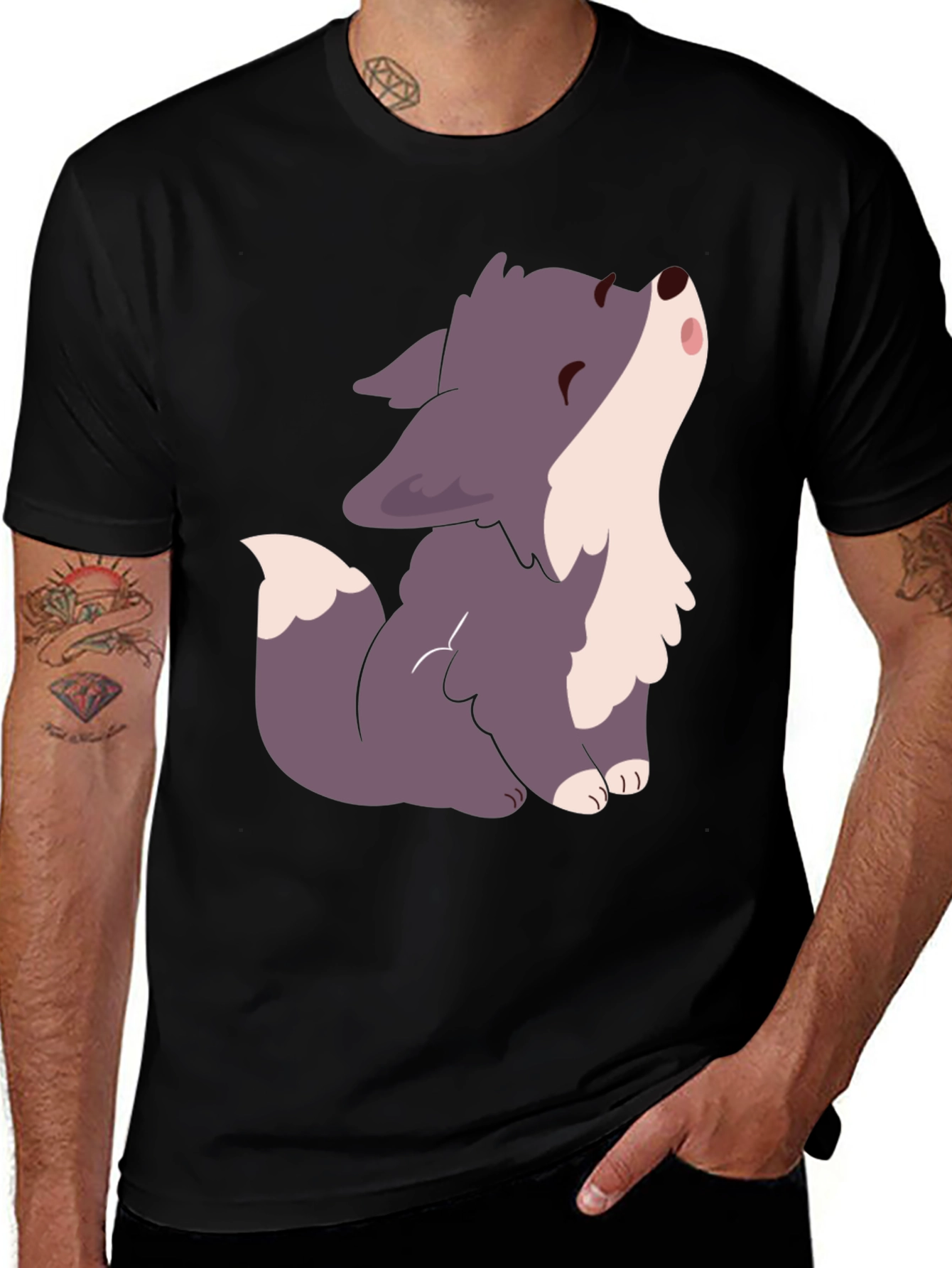 Variant 16 of Cute Cartoon Wolf Graphic Tee - Black Cotton T-Shirt