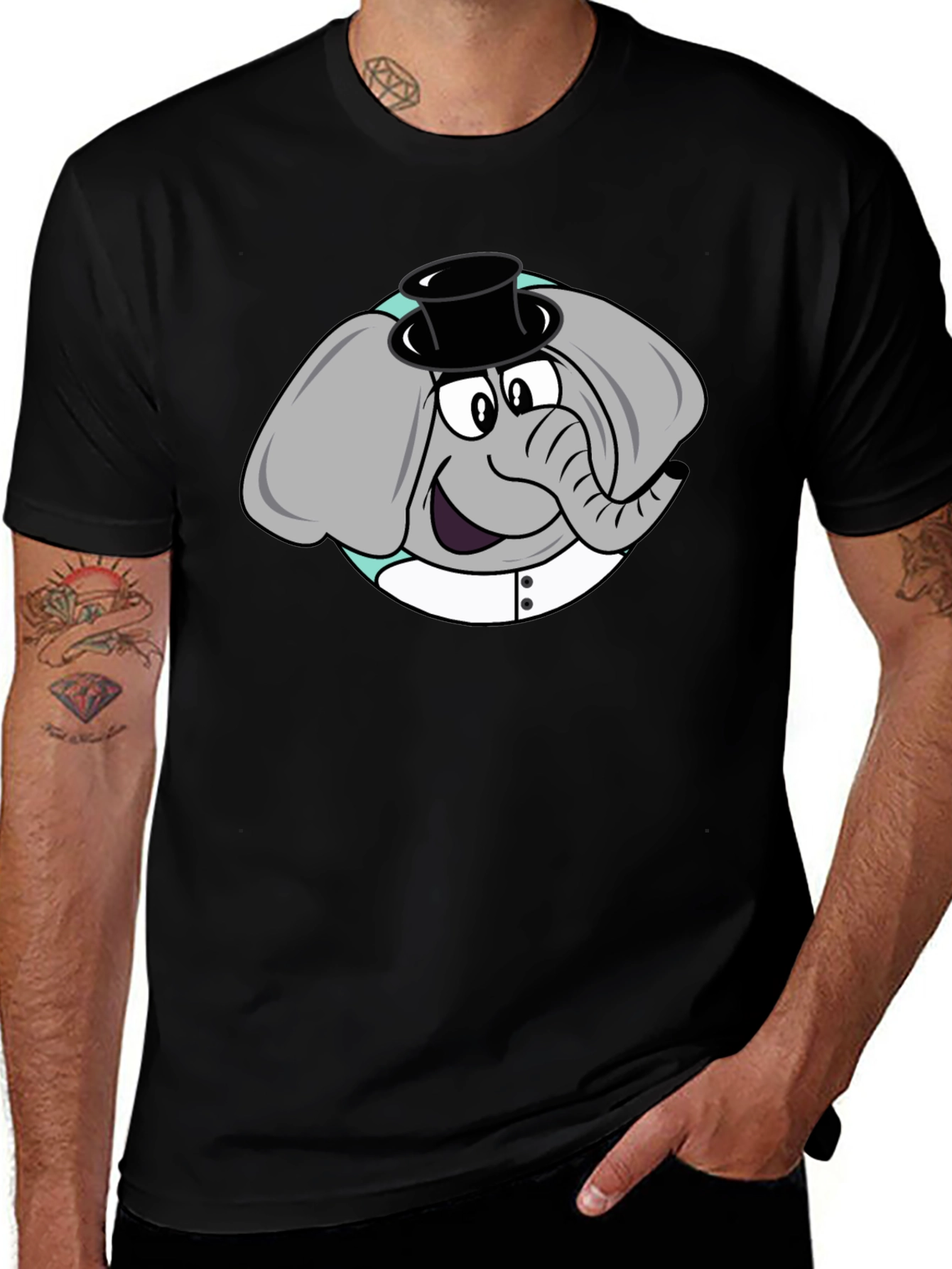 Variant 28 of Cartoon Elephant Top Hat Black T-Shirt