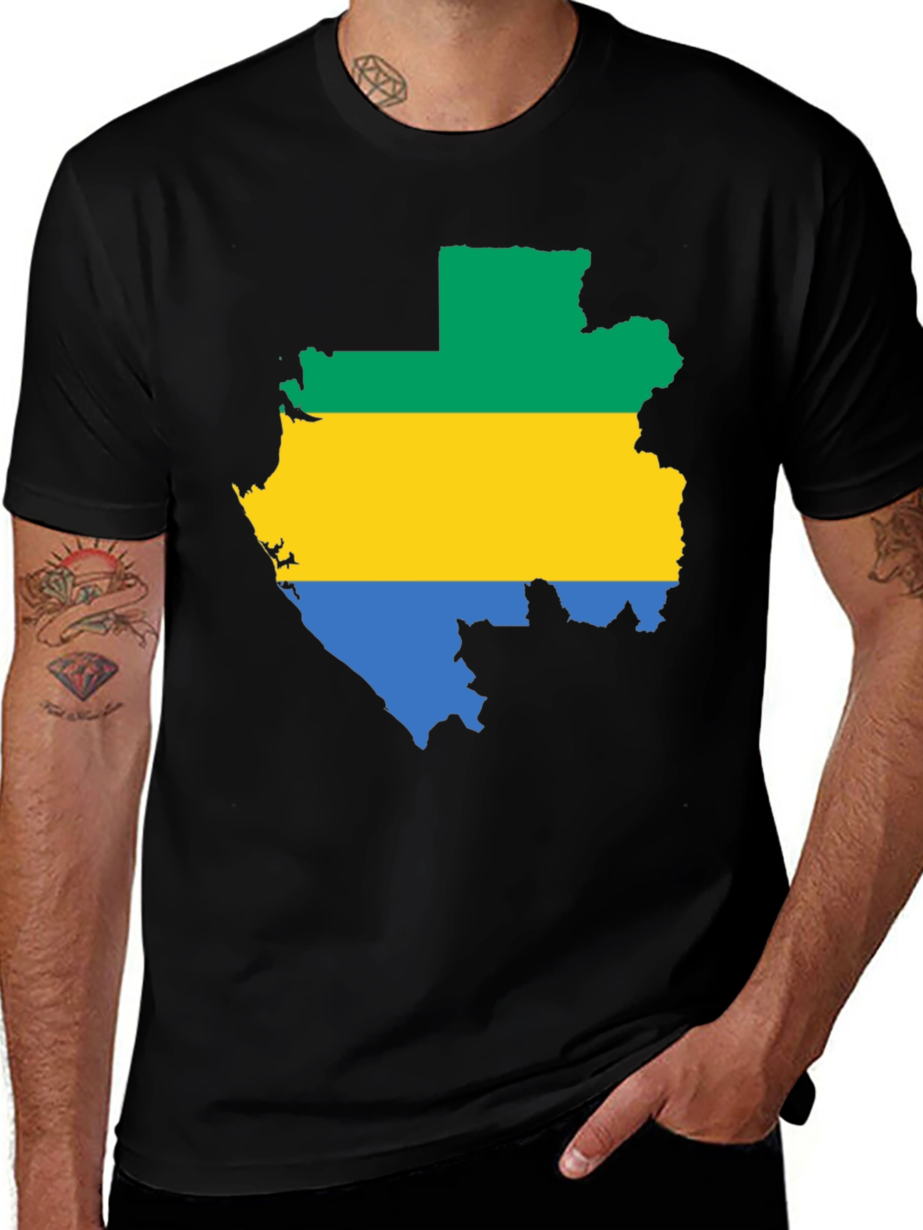 Gabon Flag Map T-Shirt - Black Crew Neck