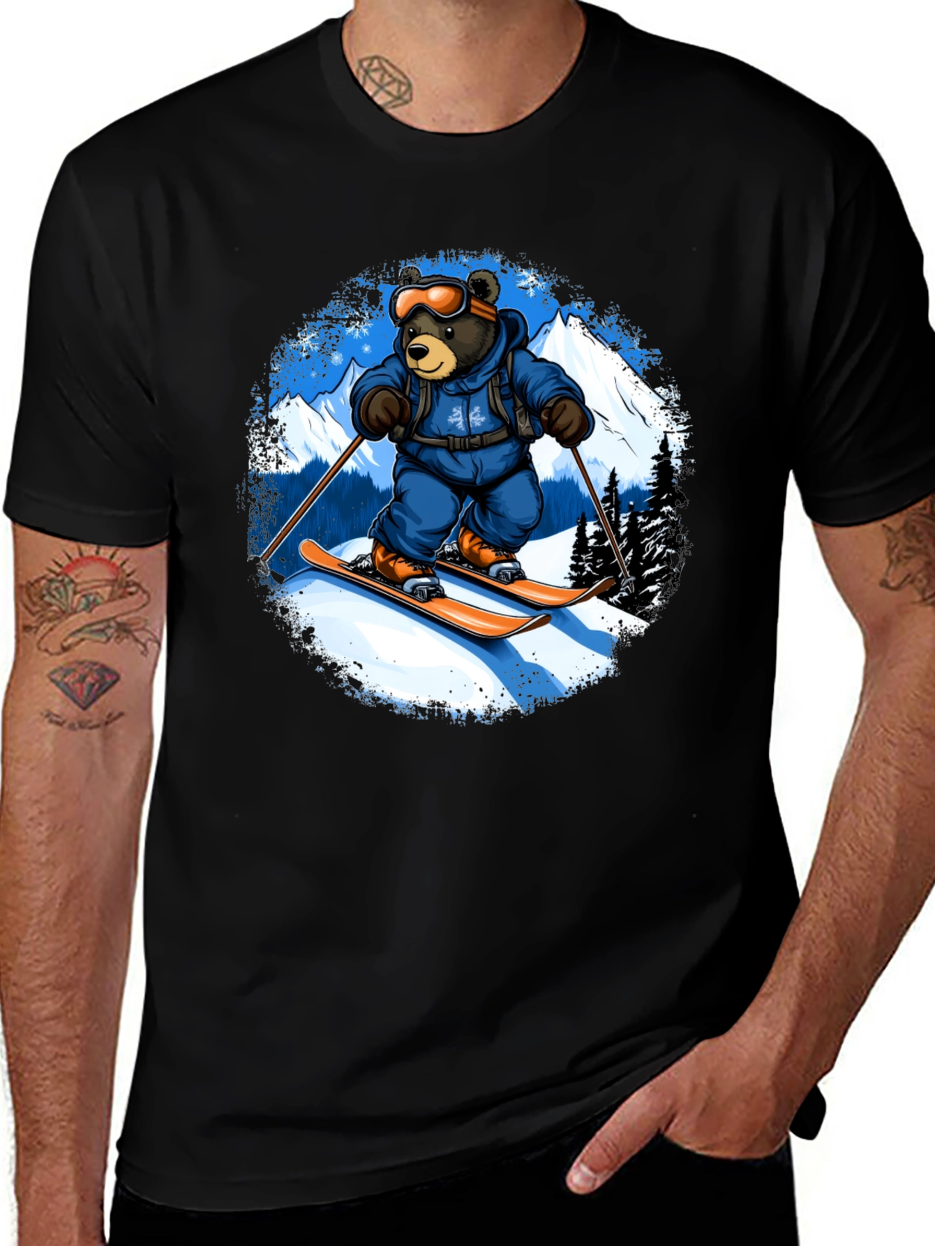Variant 2 of Skiing Bear Graphic Tee - Black Cotton T-Shirt