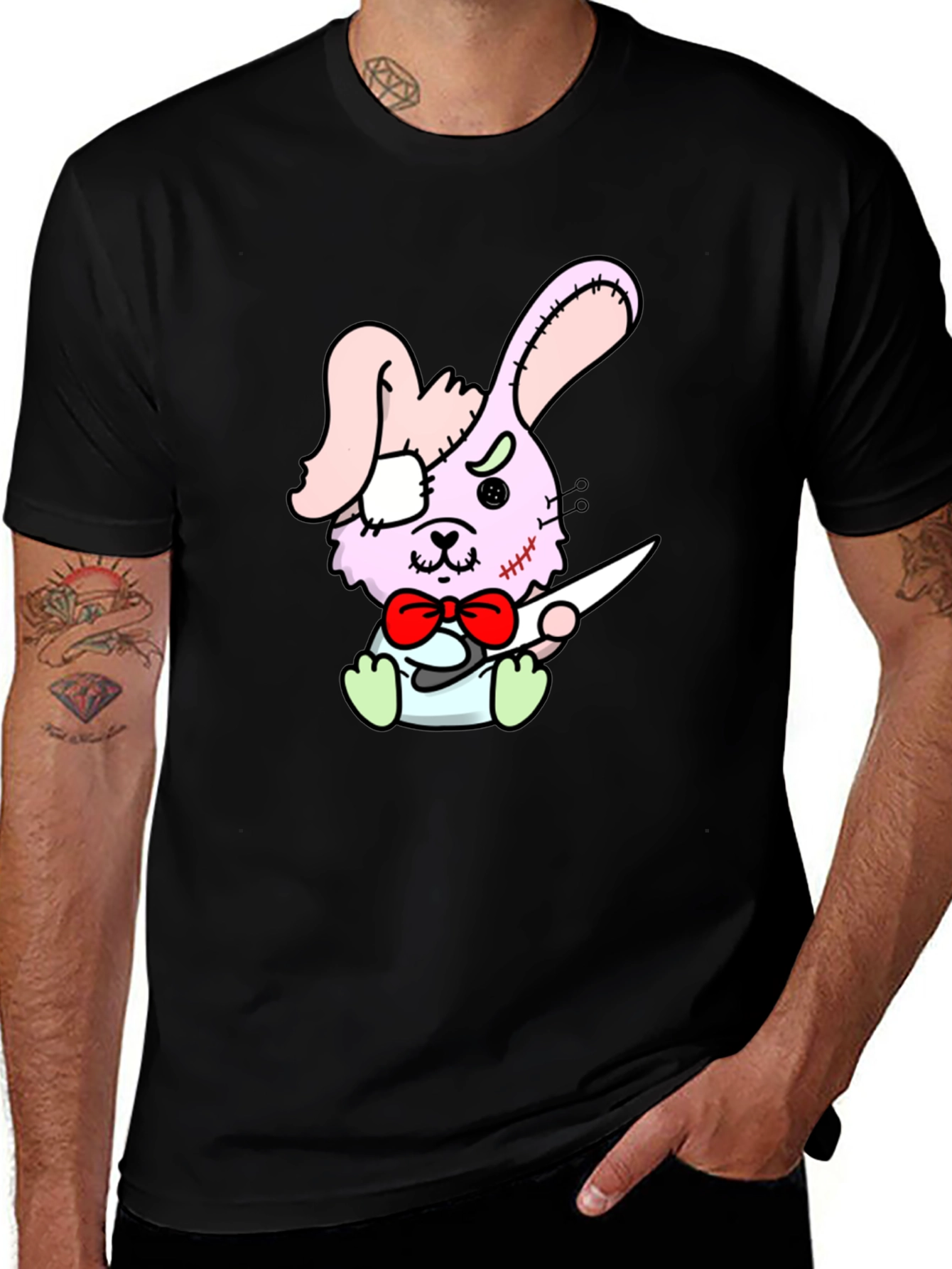 Variant 17 of Creepy Bunny Graphic Tee - Black Cotton Shirt
