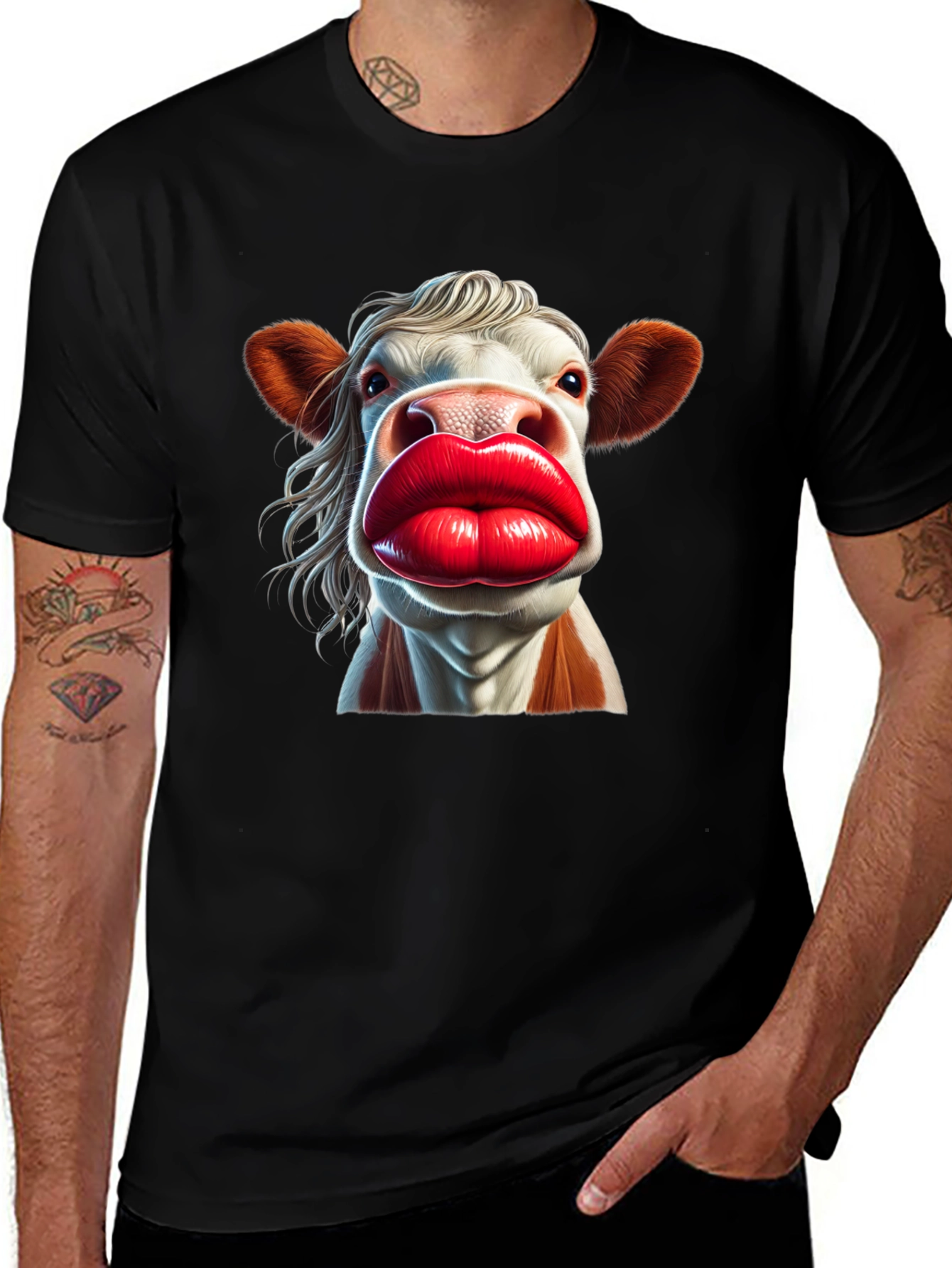 Variant 5 of Funny Cow Lips Graphic Tee - Black Cotton T-Shirt