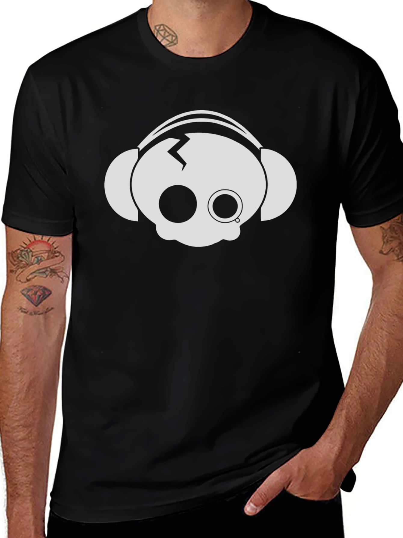 Variant 7 of Skull Headphones Graphic Tee - Black Cotton T-Shirt