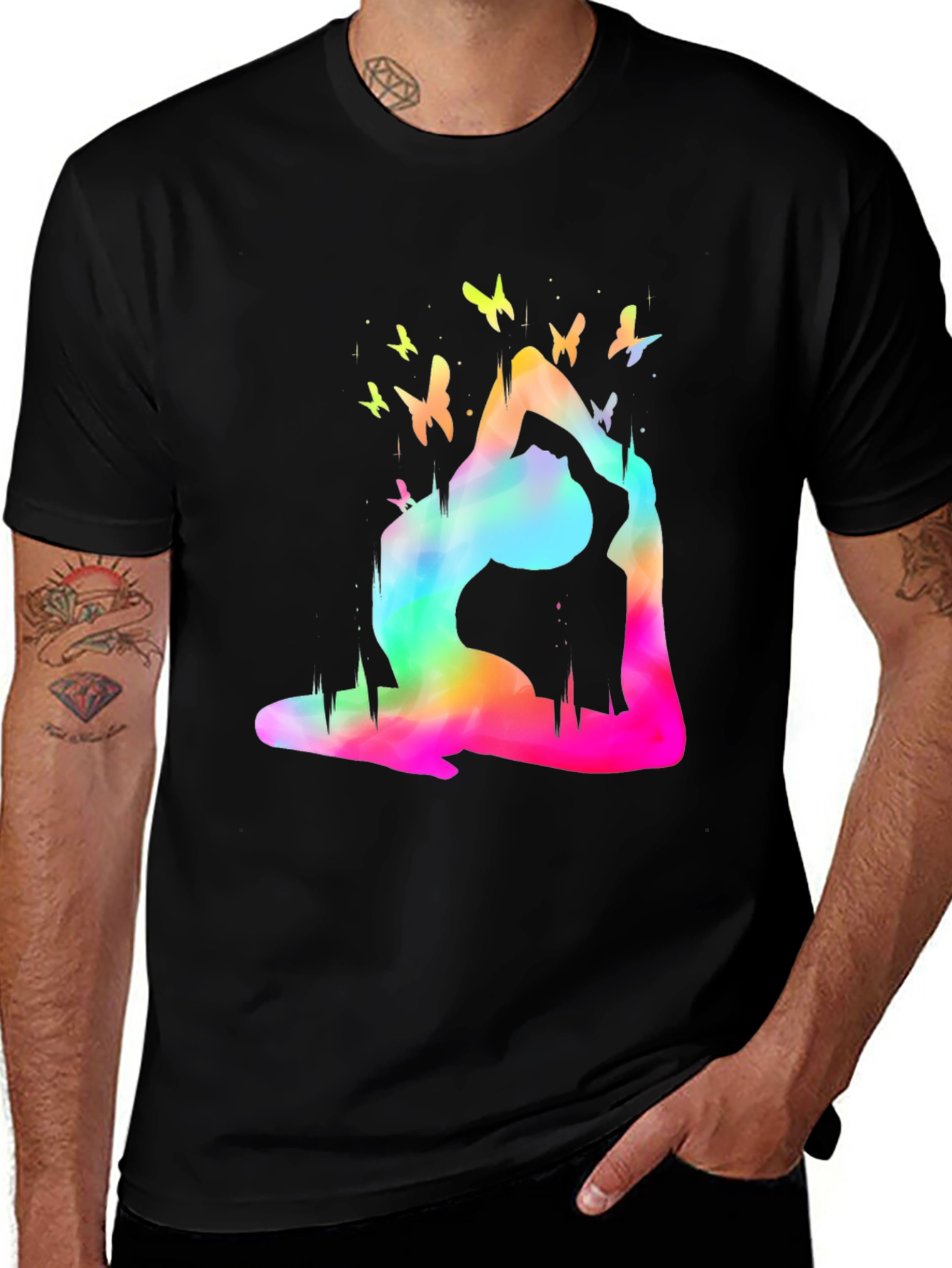 Variant 21 of Yoga Pose Butterfly T-Shirt - Rainbow Watercolor Design