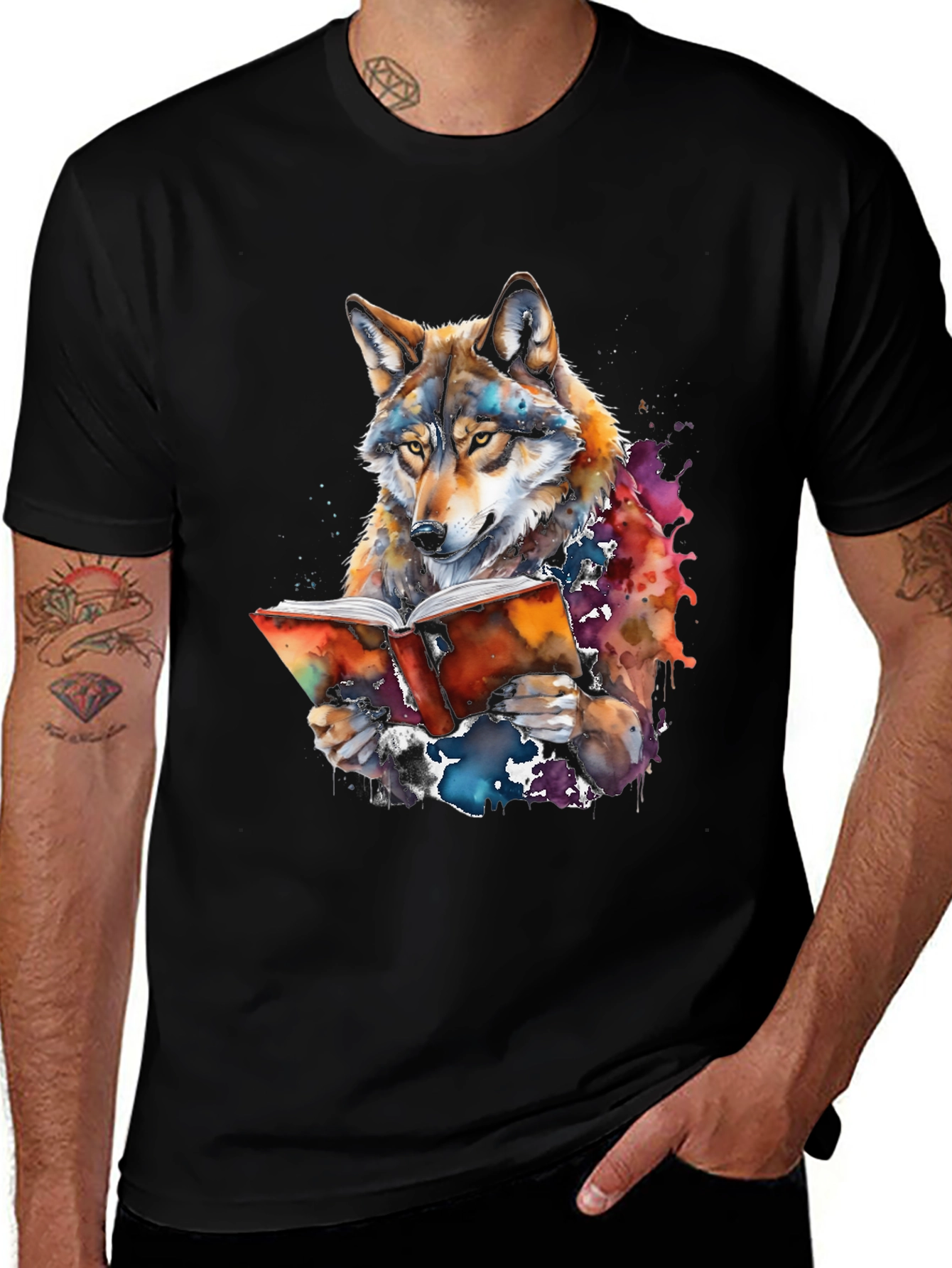 Variant 28 of Wolf Reading Book Graphic Tee - Unique Colorful Design