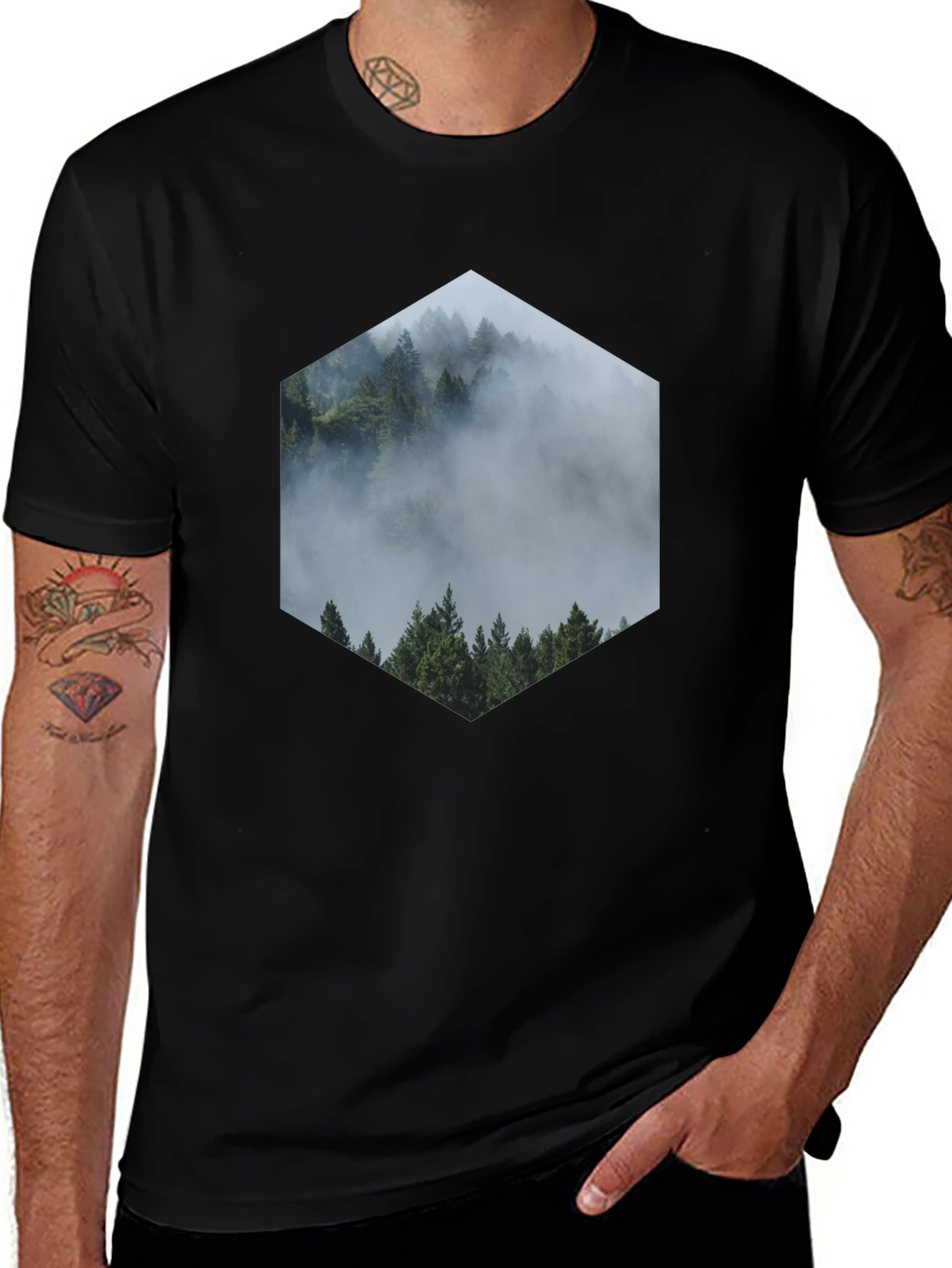 Variant 22 of Hexagon Forest Print Black T-Shirt