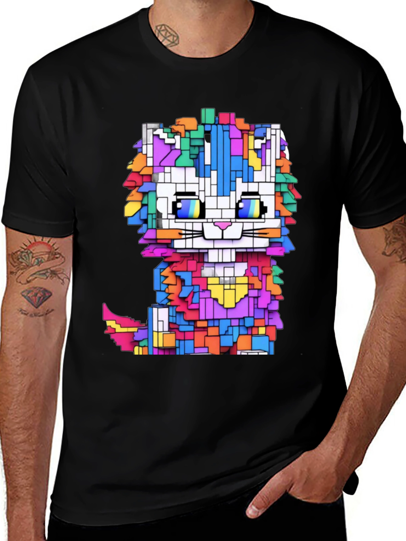 Black Pixel Cat T-Shirt - Funky Geometric Design main image