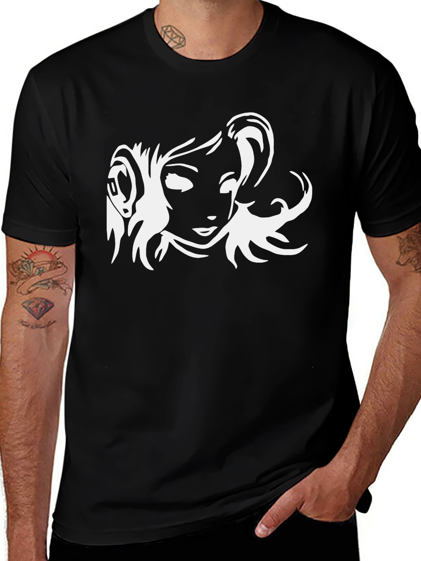 Variant 7 of Black T-Shirt with White Anime Girl Graphic