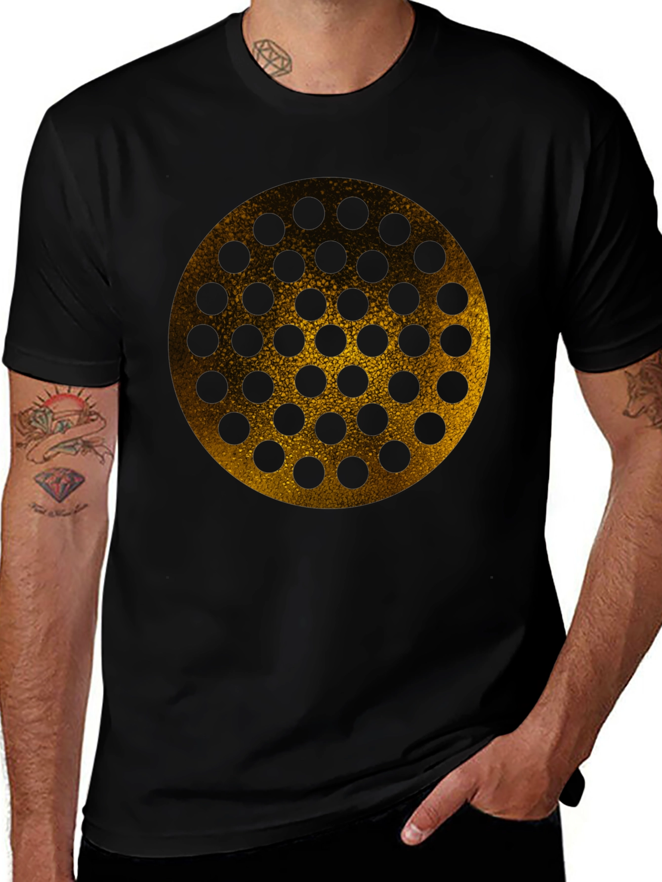 Variant 23 of Gold Geometric Circle Pattern Black T-Shirt