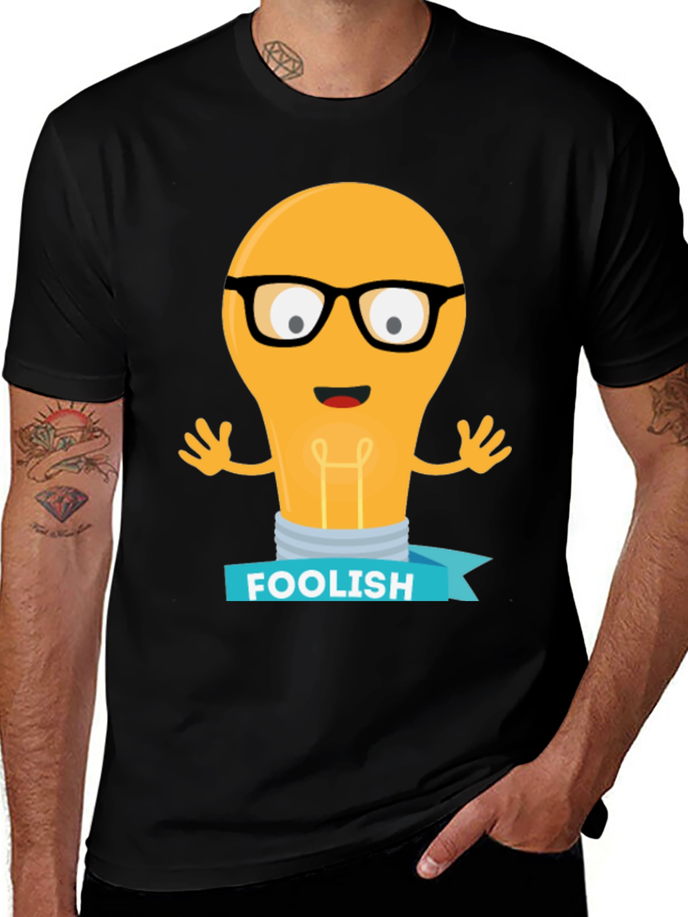 Variant 28 of Foolish Light Bulb T-Shirt - Black Cotton Graphic Tee