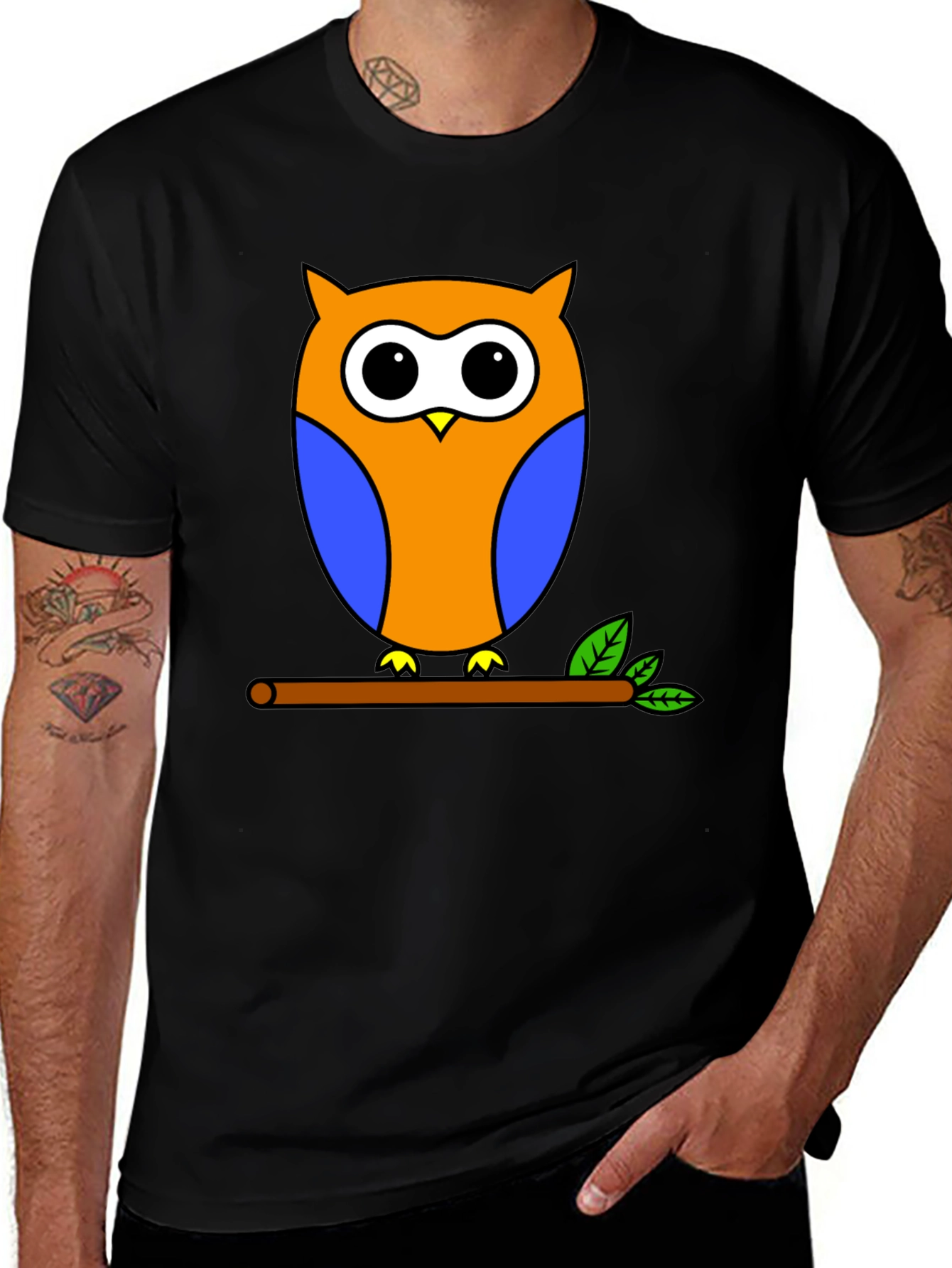Variant 25 of Owl on Branch Graphic Tee - Black Cotton Blend T-Shirt