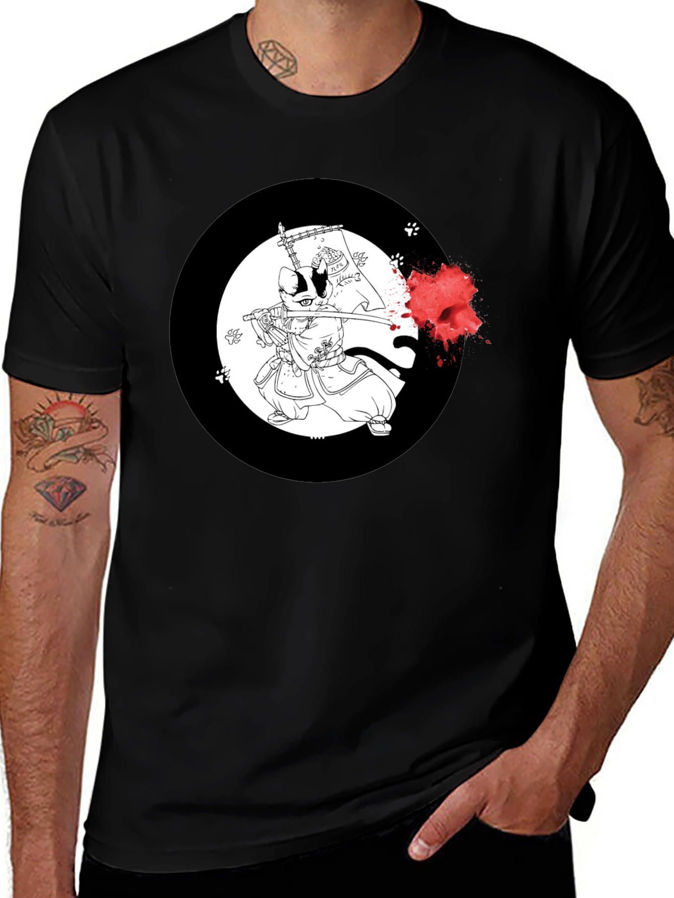 Variant 14 of Samurai Cat T-Shirt - Black Cotton Graphic Tee