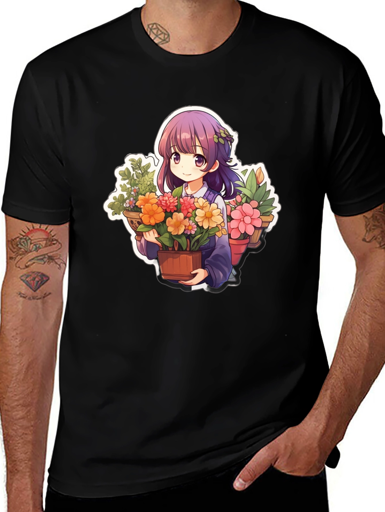 Variant 18 of Anime Girl with Flowers Black T-Shirt